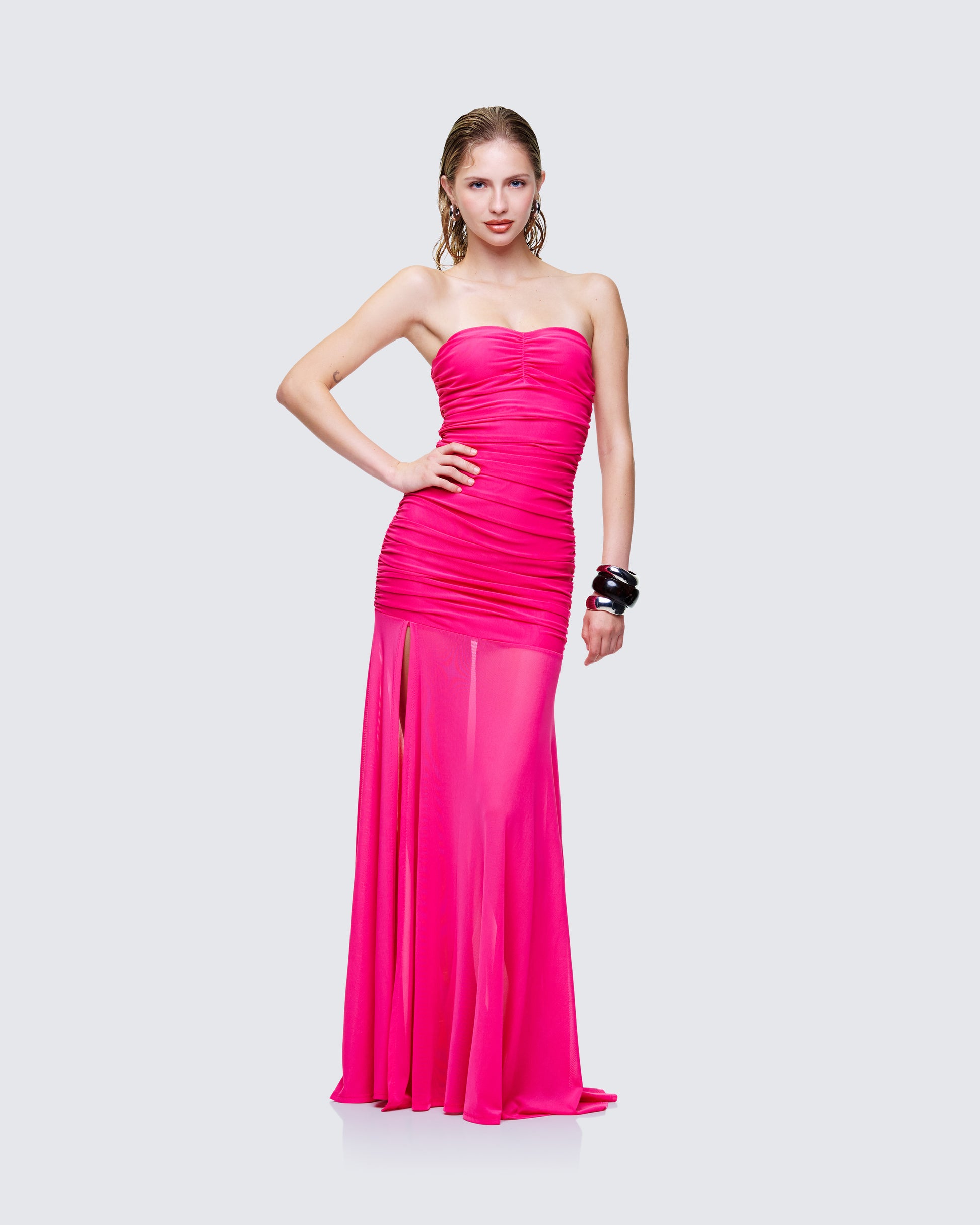 hot pink strapless bodycon dress Hot Pink Ruched Mesh Maxi Dress