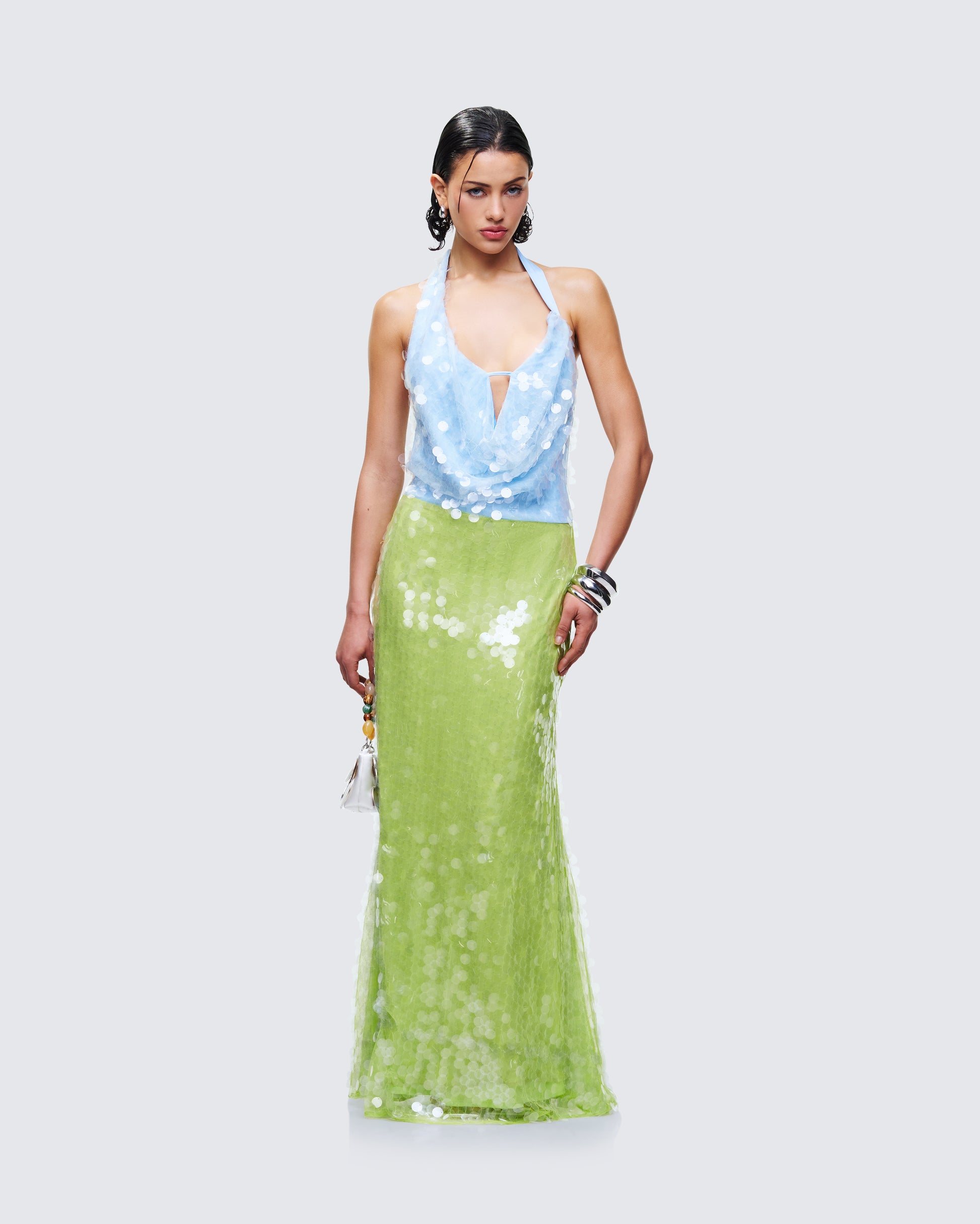 Blue Green Sequin Cowl Neck Maxi Dress - Halter FINESSE Blue Green Sequin Cowl Neck Maxi Dress - Halter FINESSE