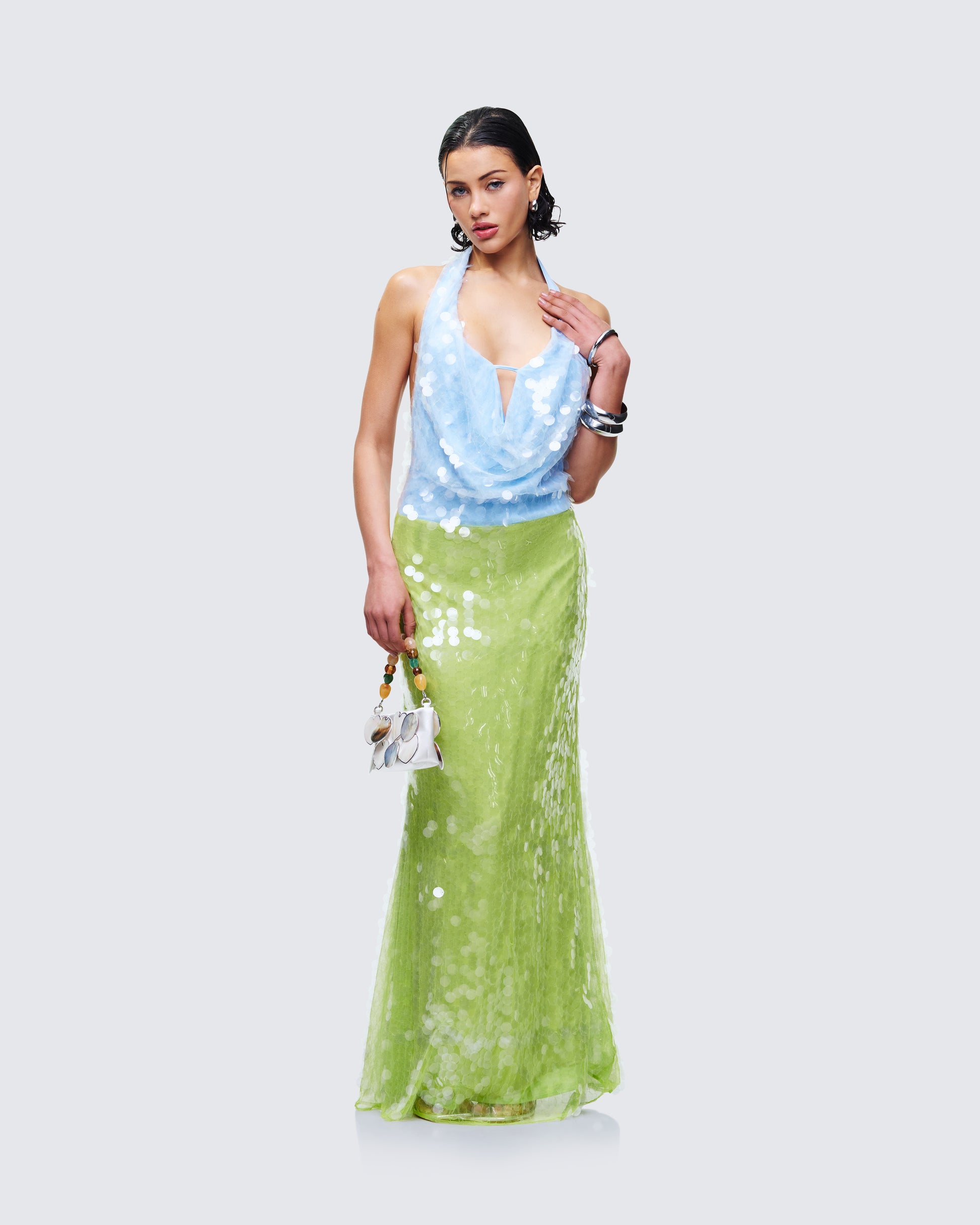 Blue Green Sequin Cowl Neck Maxi Dress - Halter FINESSE Blue Green Sequin Cowl Neck Maxi Dress - Halter FINESSE