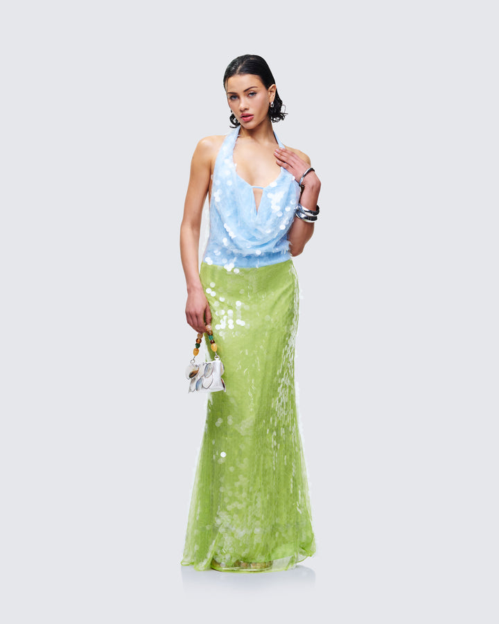 Zelda Blue Sequin Cowl Neck Maxi Dress - back view