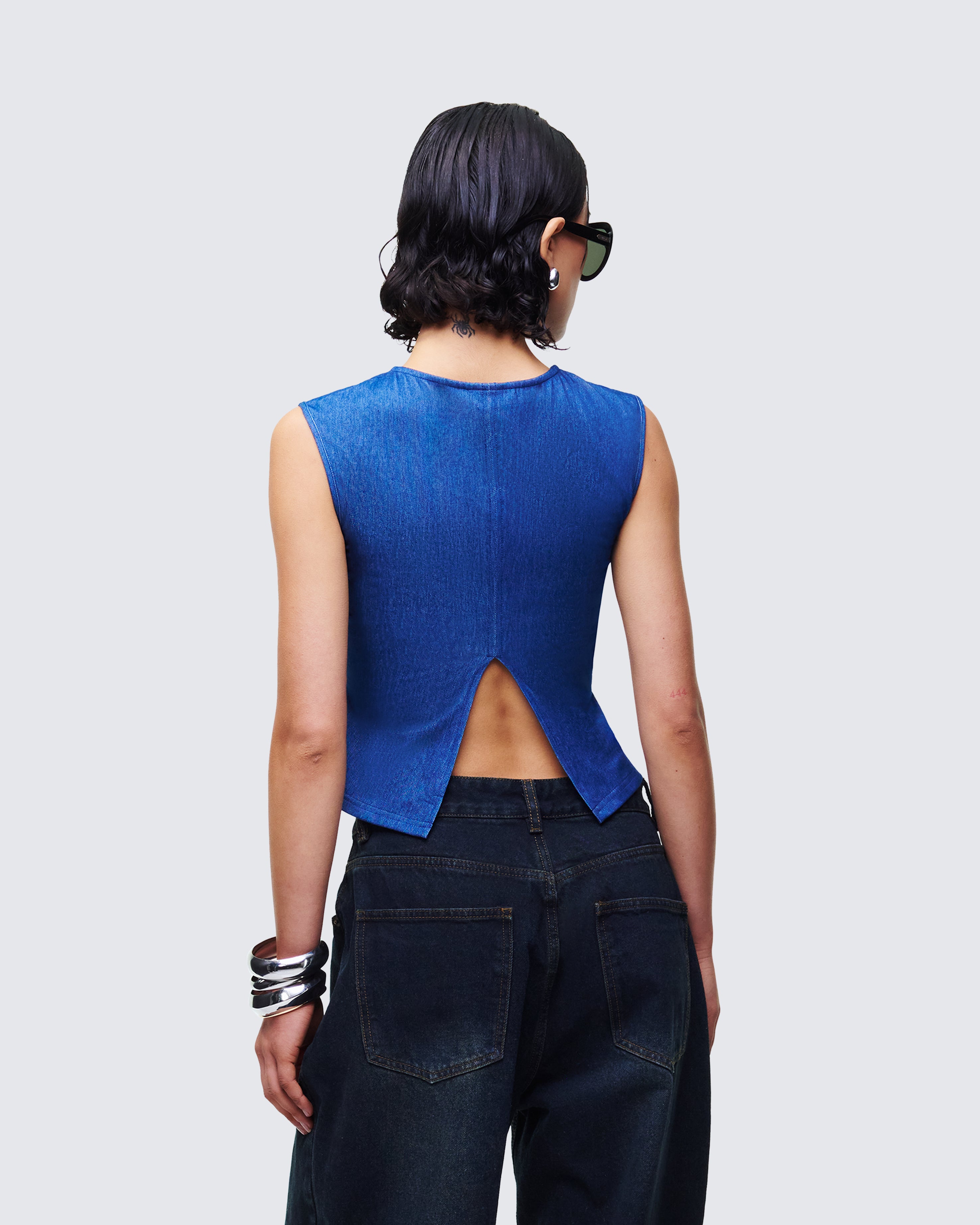 Blue Denim Star Cutout Top - Sheer Mesh Panel Blouse – FINESSE