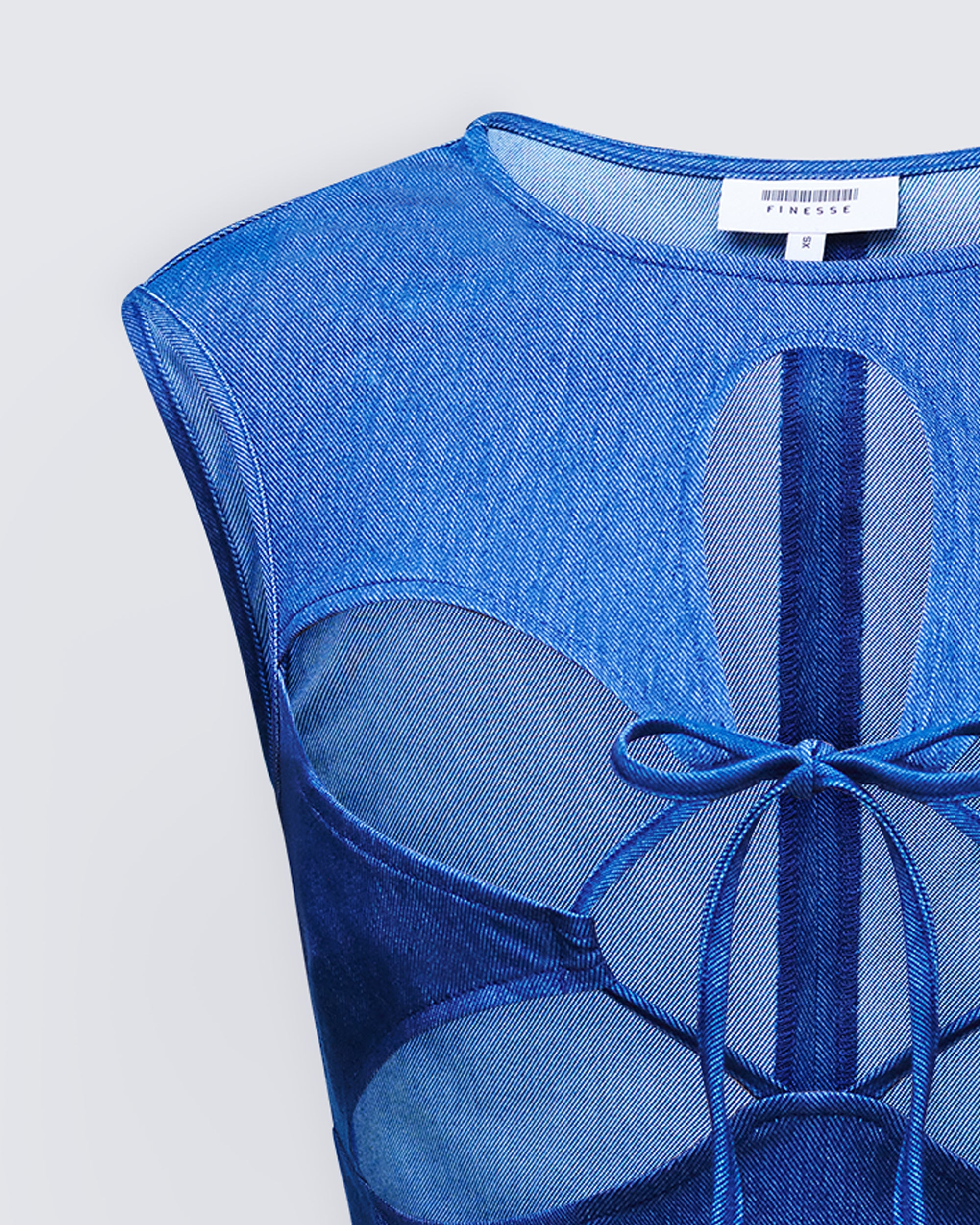 Blue Denim Star Cutout Top - Sheer Mesh Panel Blouse – FINESSE