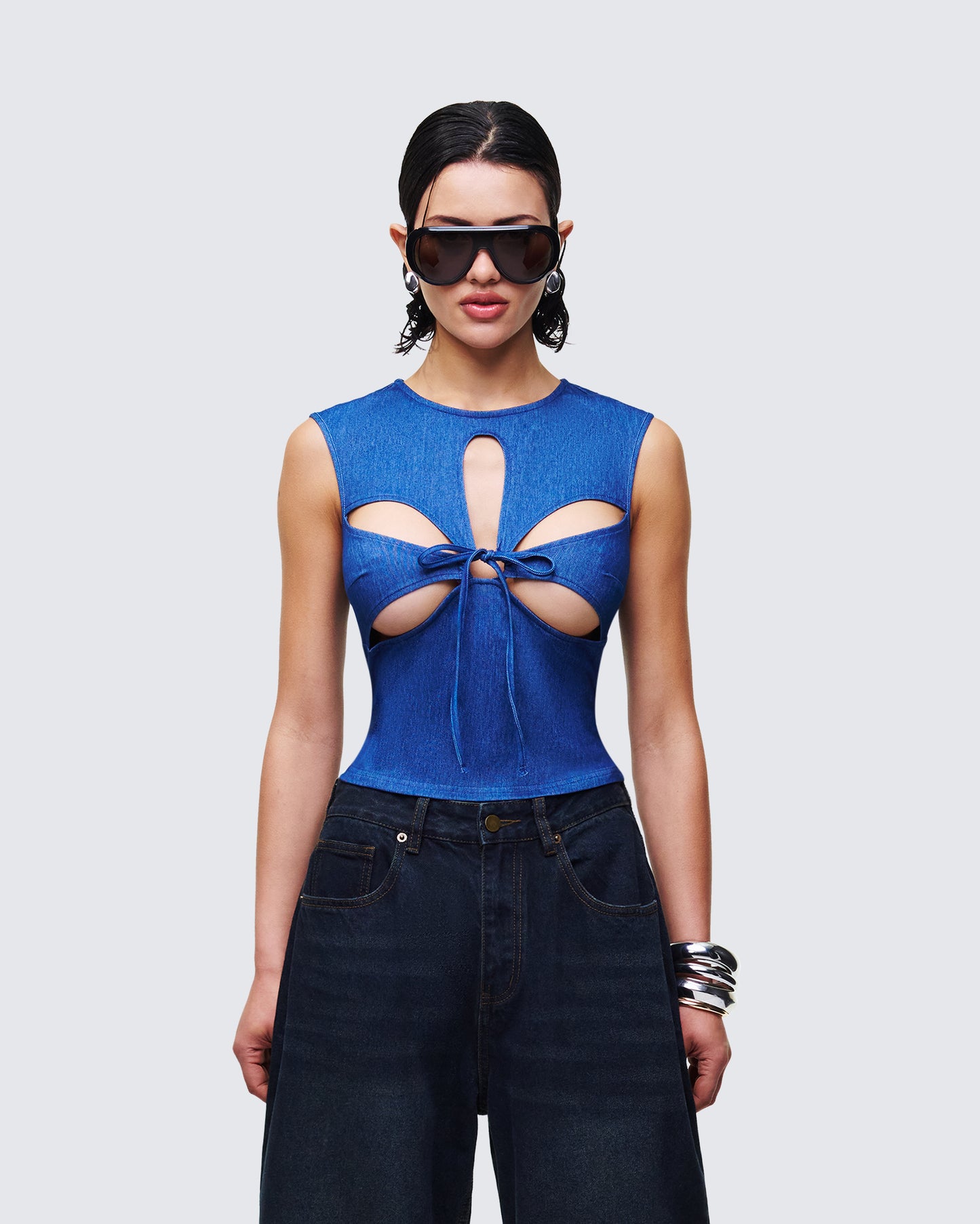 Zephyra Blue Denim Star Cutout Top model front