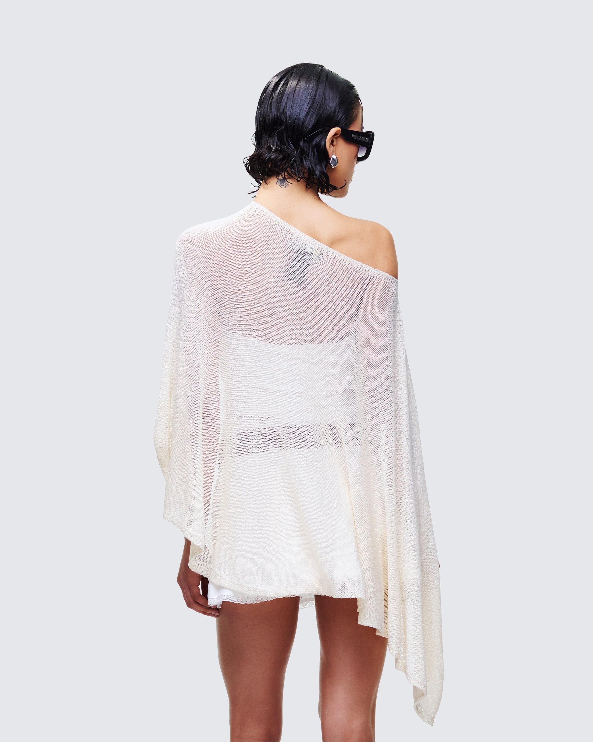 Ivory Off Shoulder Poncho Knit Top Asymmetric Hem FINESSE Ivory Off Shoulder Poncho Knit Top Asymmetric Hem FINESSE