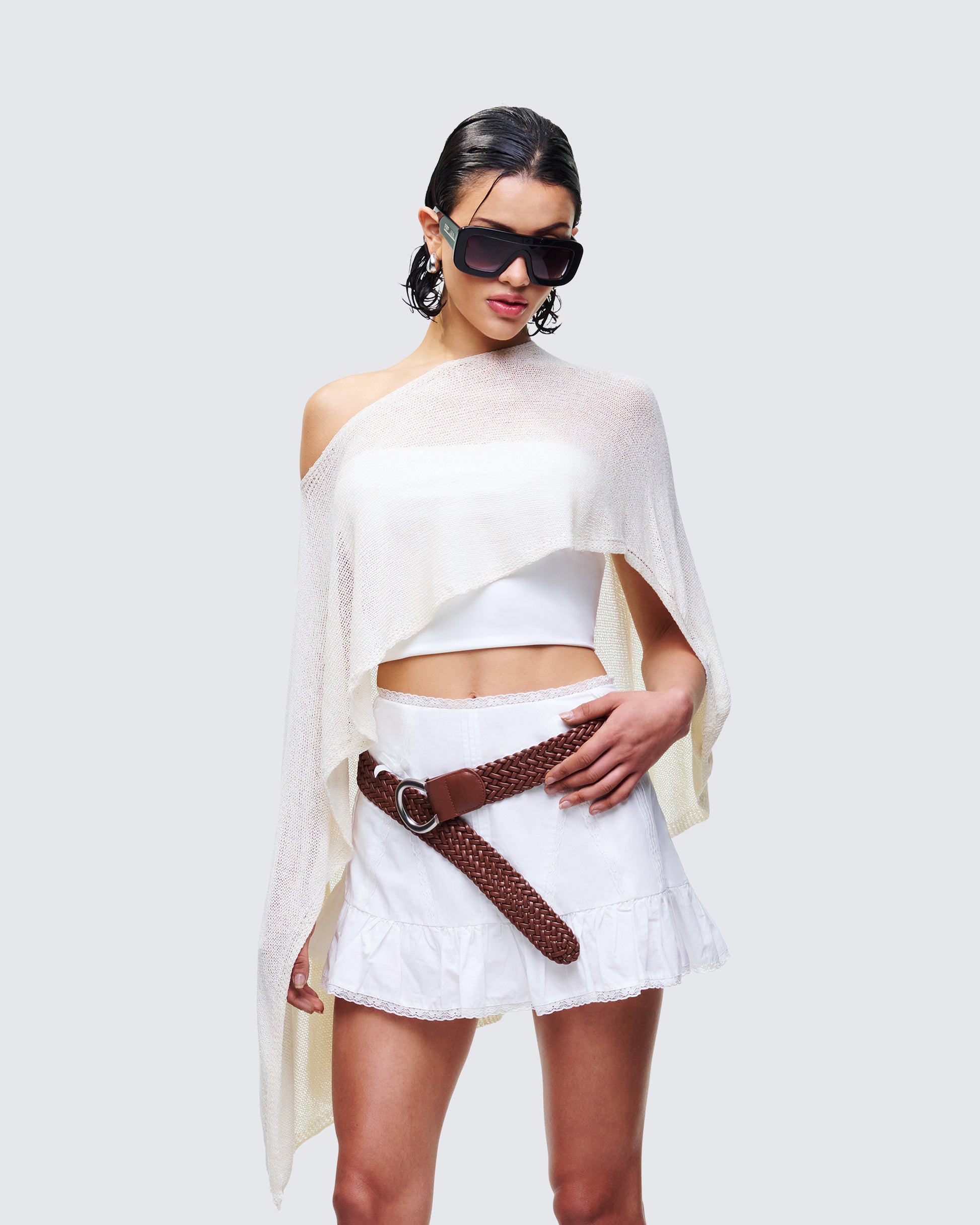 Ivory Off Shoulder Poncho Knit Top Asymmetric Hem FINESSE Ivory Off Shoulder Poncho Knit Top Asymmetric Hem FINESSE