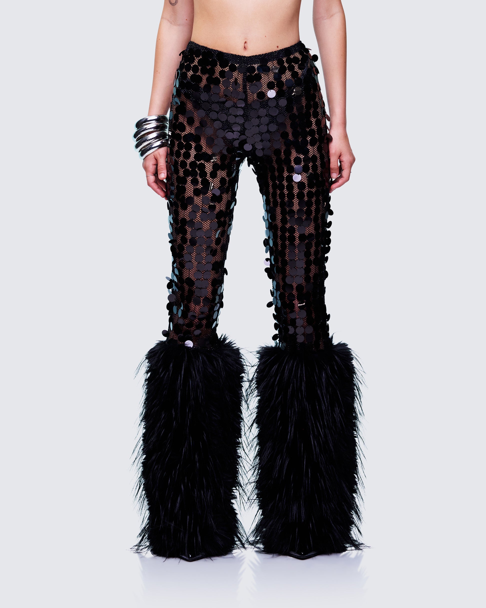 Zumi Black Fishnet Sequin Pants model front
