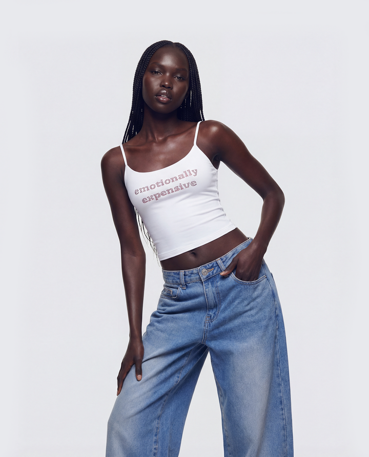 Elli White Rhinestone Slogan Cami Top