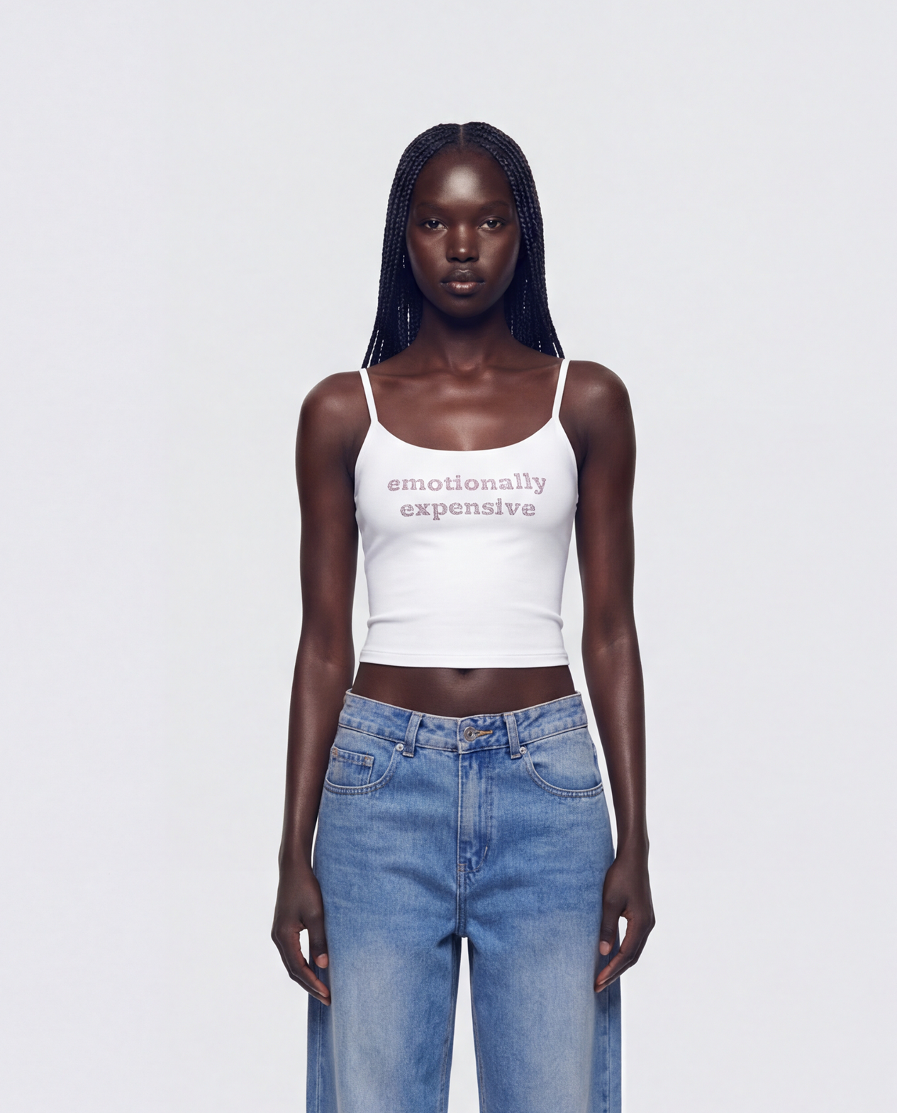 Elli White Rhinestone Slogan Cami Top model front