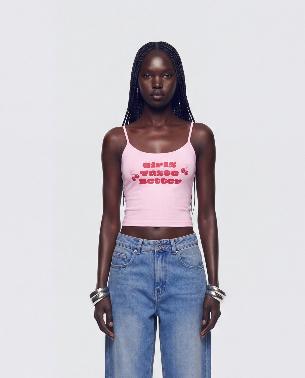 Elli Pink Printed Slogan Cami Top model front