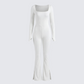 Lirien Ivory Rib Kick Floor Flare Jumpsuit product front