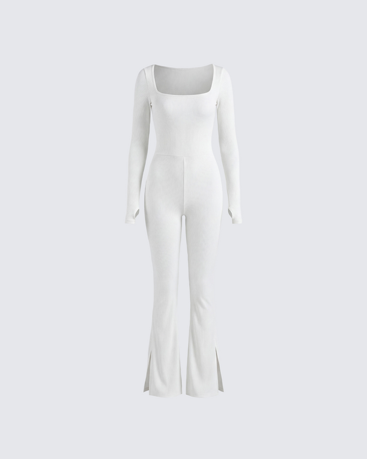 Lirien Ivory Rib Kick Floor Flare Jumpsuit product front