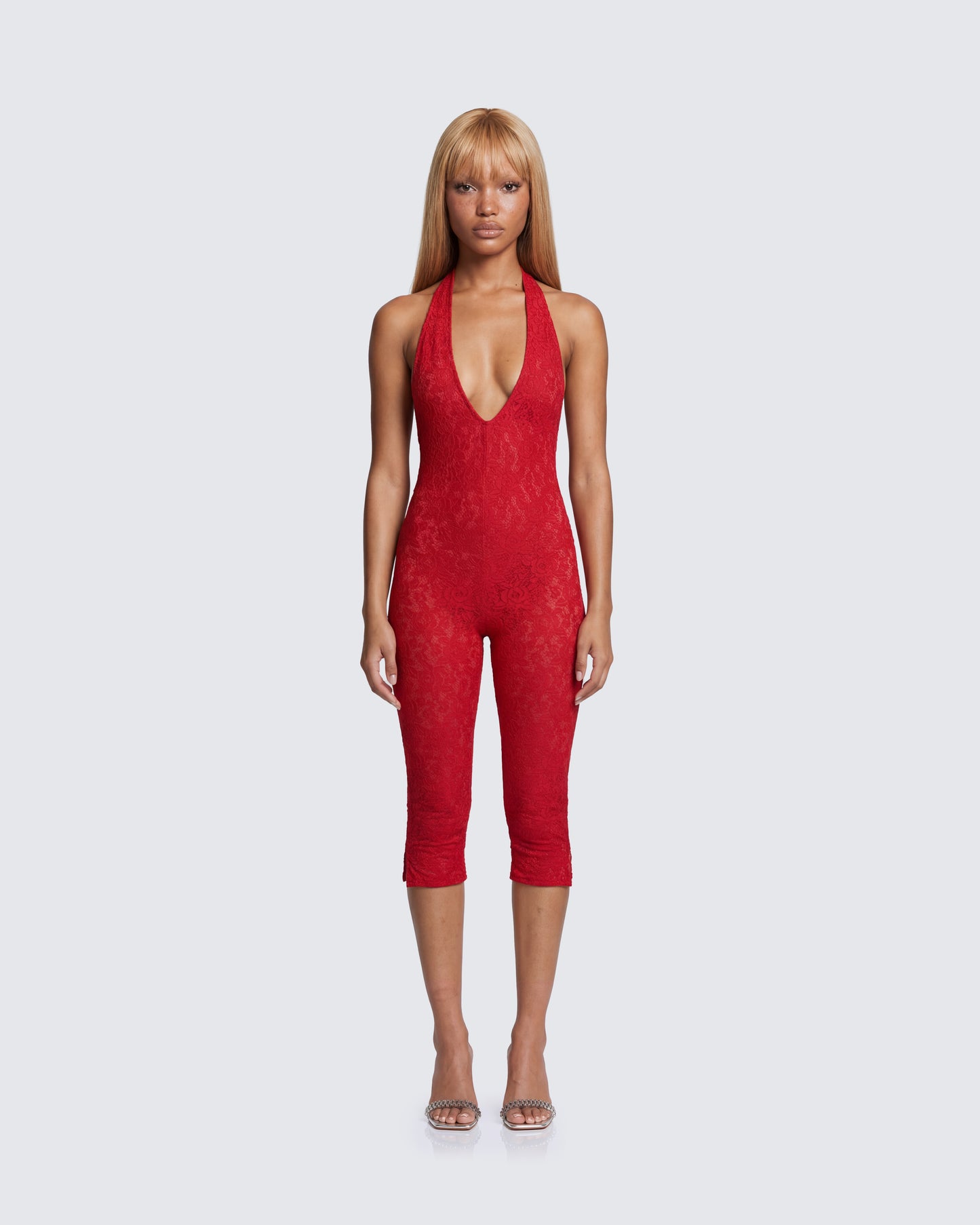 Isabel Red Lace Capri Jumpsuit