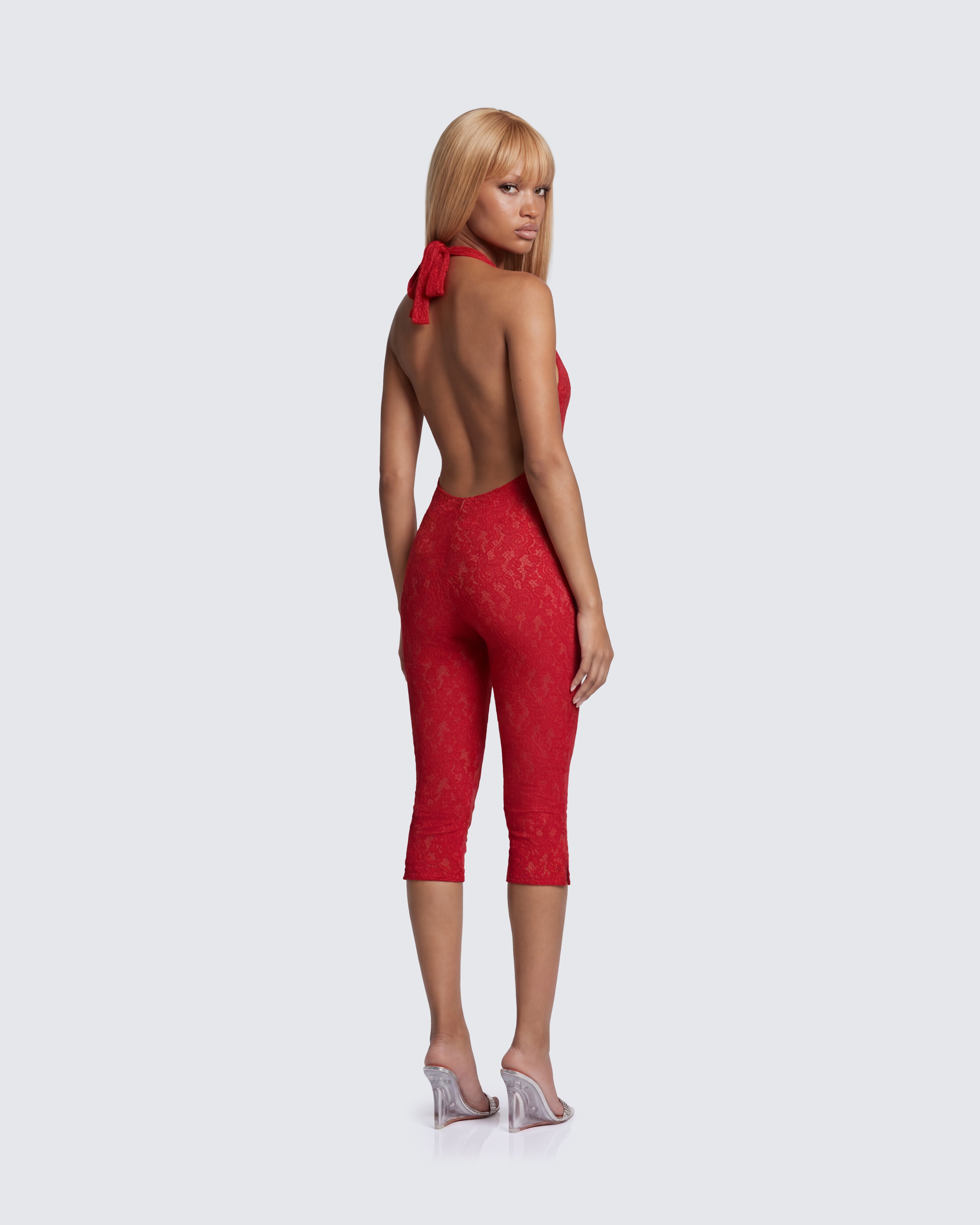 Red Lace Halter Jumpsuit - Sheer Capri Lingerie Style – FINESSE