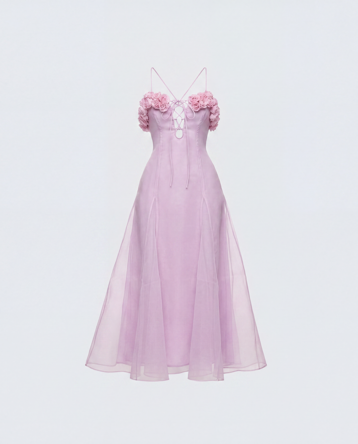 Glena Pink Sheer Godet Midi Dress product front
