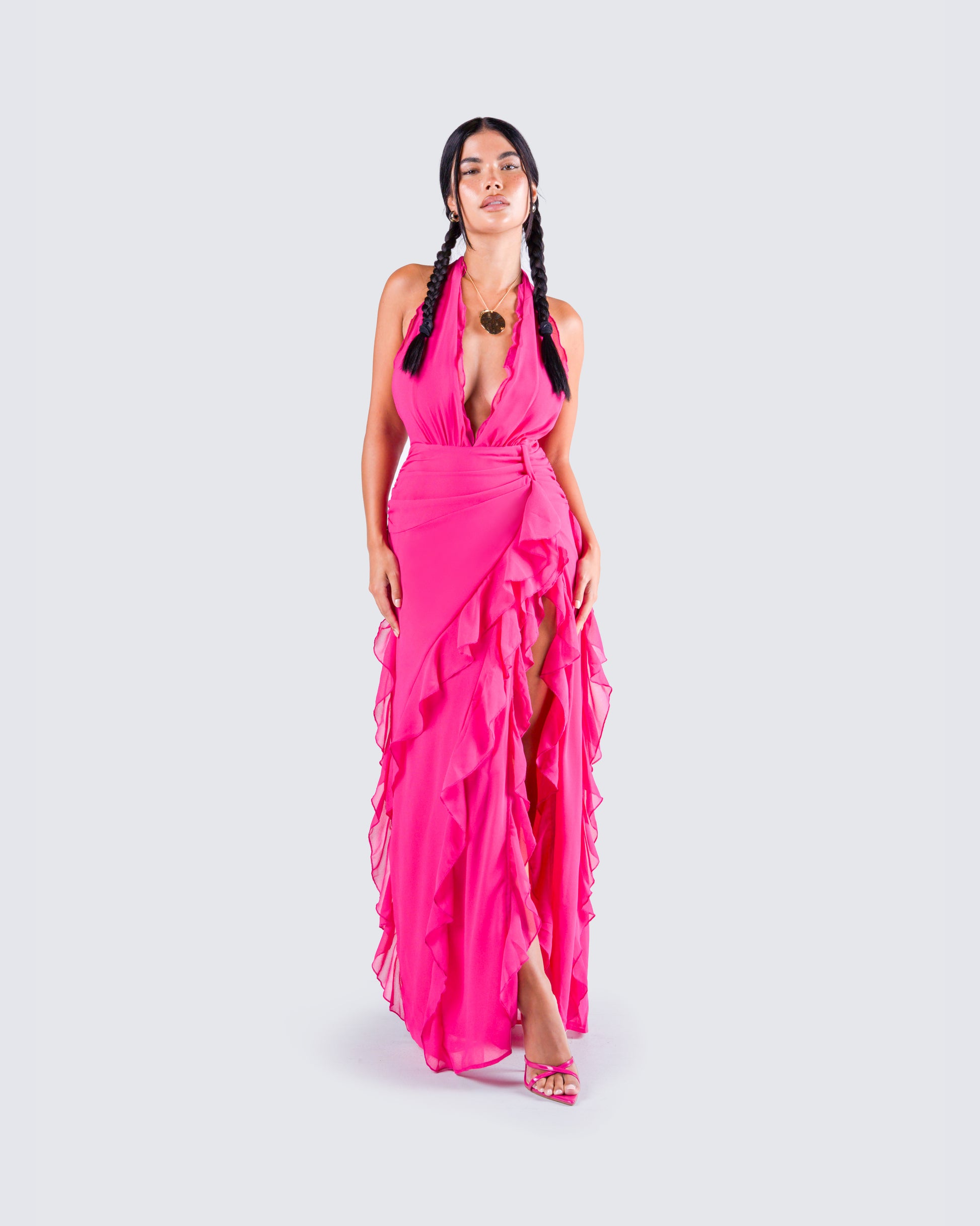 Hot Pink Ruffle Maxi Dress - Halter Cutout Gown FINESSE Hot Pink Ruffle Maxi Dress - Halter Cutout Gown FINESSE