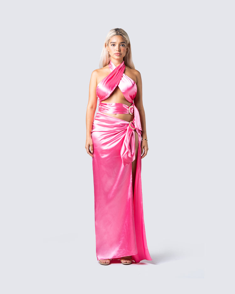Alaina Pink Satin Maxi Dress