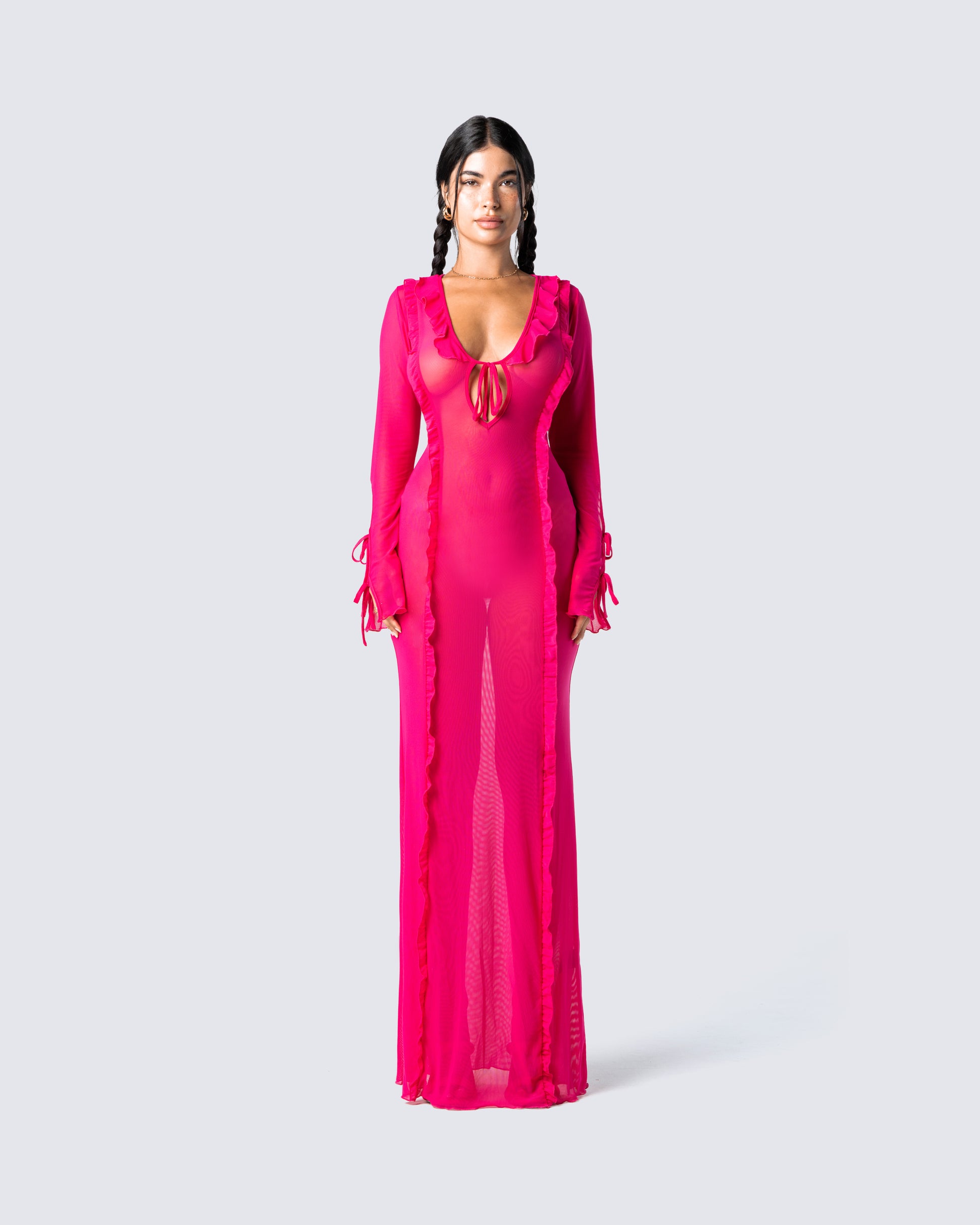 Magenta Mesh Maxi Dress - Cutout Bell Sleeve FINESSE Magenta Mesh Maxi Dress - Cutout Bell Sleeve FINESSE