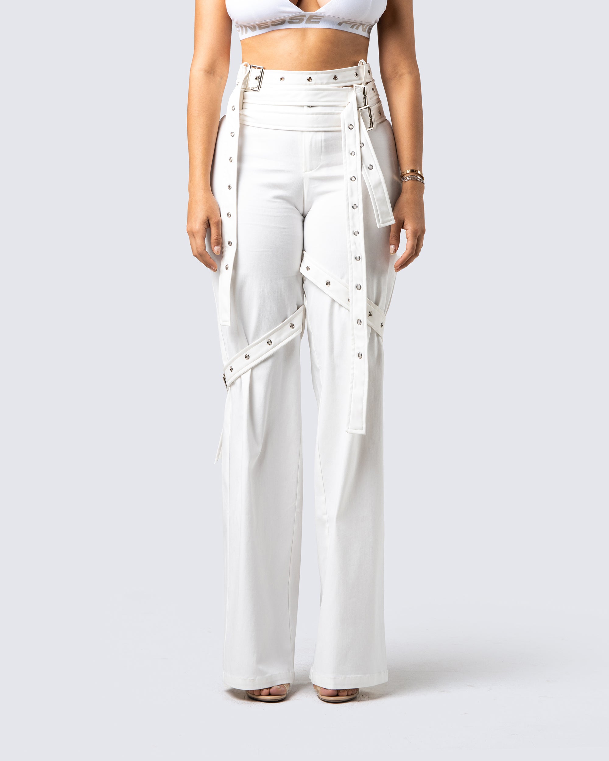 Men's White Side Lace-up Leather Pants