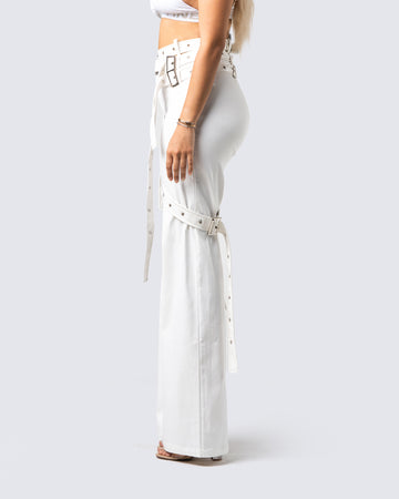 Pia White Vegan Leather Belt Pant