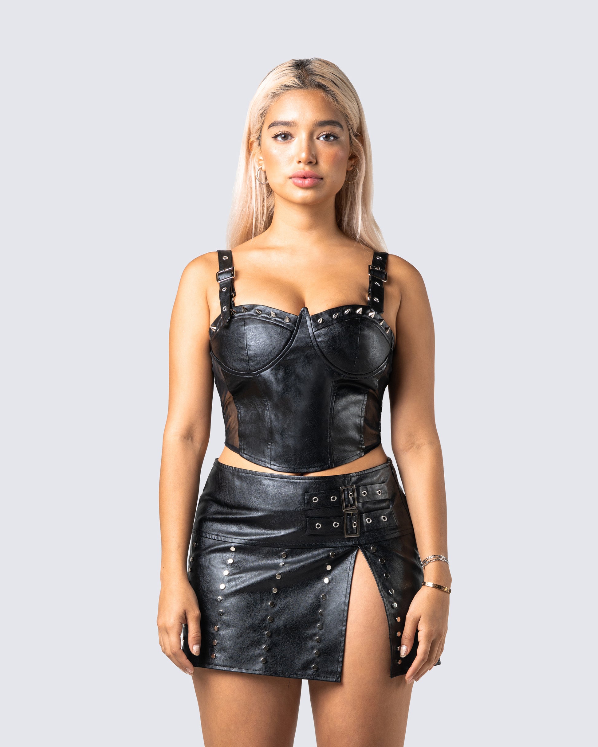 Fae leather look coated corset top in black