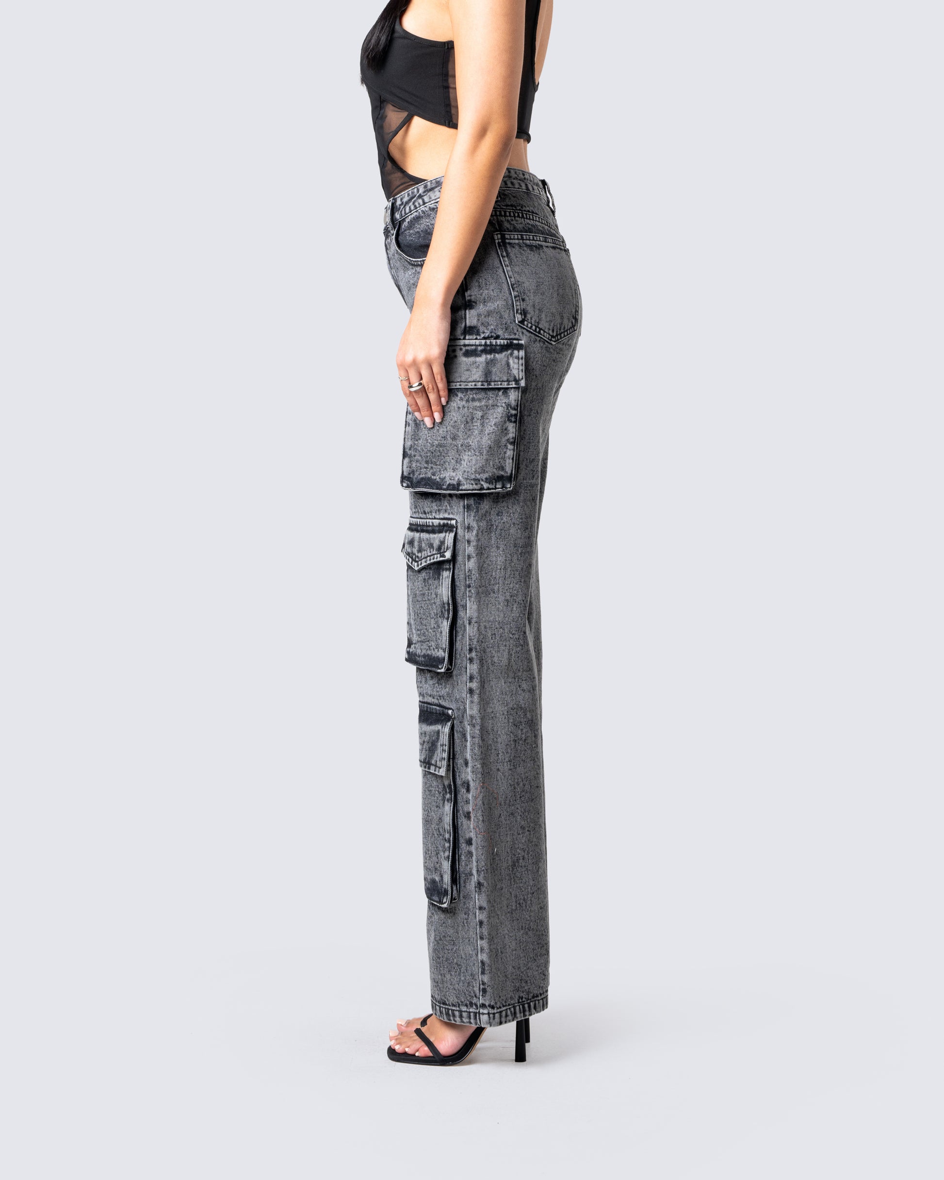 Tall Mad For You Cargo Jeans - Acid Wash Black