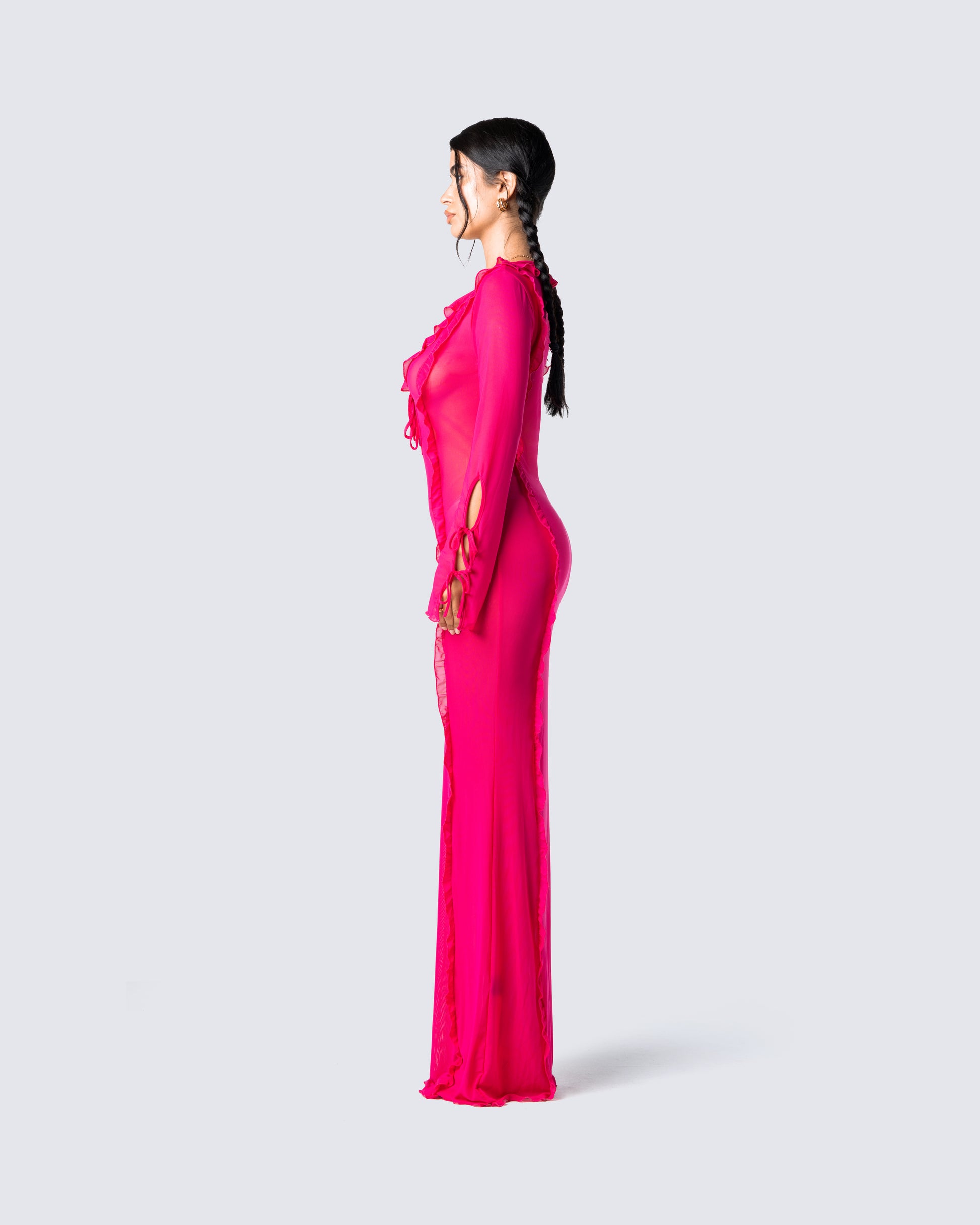 Magenta Mesh Maxi Dress - Cutout Bell Sleeve FINESSE Magenta Mesh Maxi Dress - Cutout Bell Sleeve FINESSE