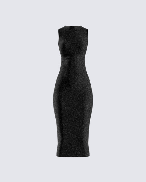 Black Shimmer Midi Dress - Sleeveless Bodycon Party FINESSE Black Shimmer Midi Dress - Sleeveless Bodycon Party FINESSE