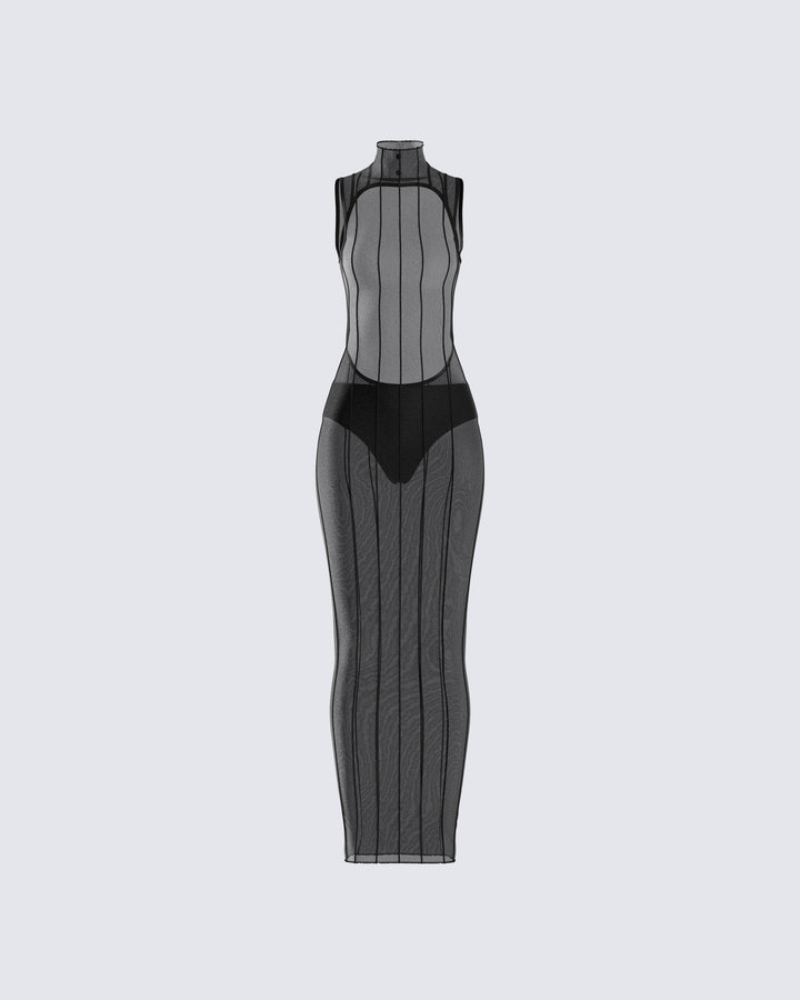 Black Mesh Bodycon Maxi Dress - Sheer Panel Sleeveless FINESSE Black Mesh Bodycon Maxi Dress - Sheer Panel Sleeveless FINESSE