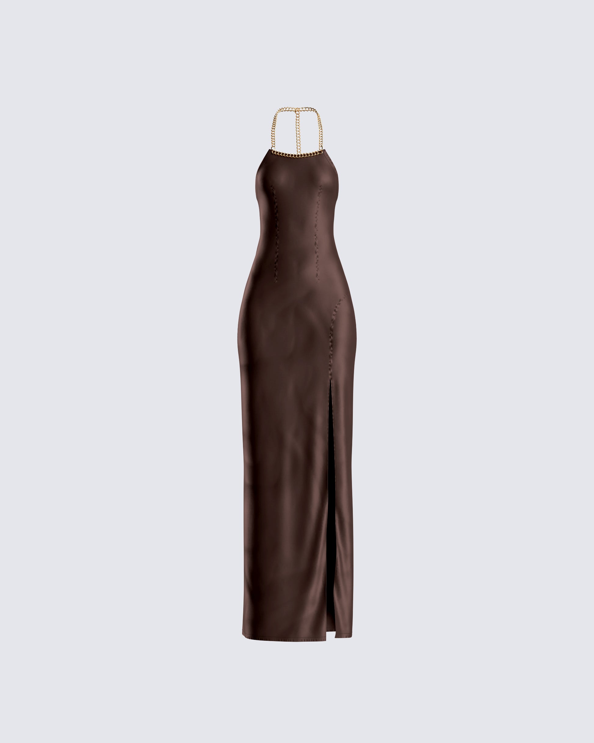 Brown Satin Maxi Dress - Halter Neckline Evening Gown FINESSE Brown Satin Maxi Dress - Halter Neckline Evening Gown FINESSE