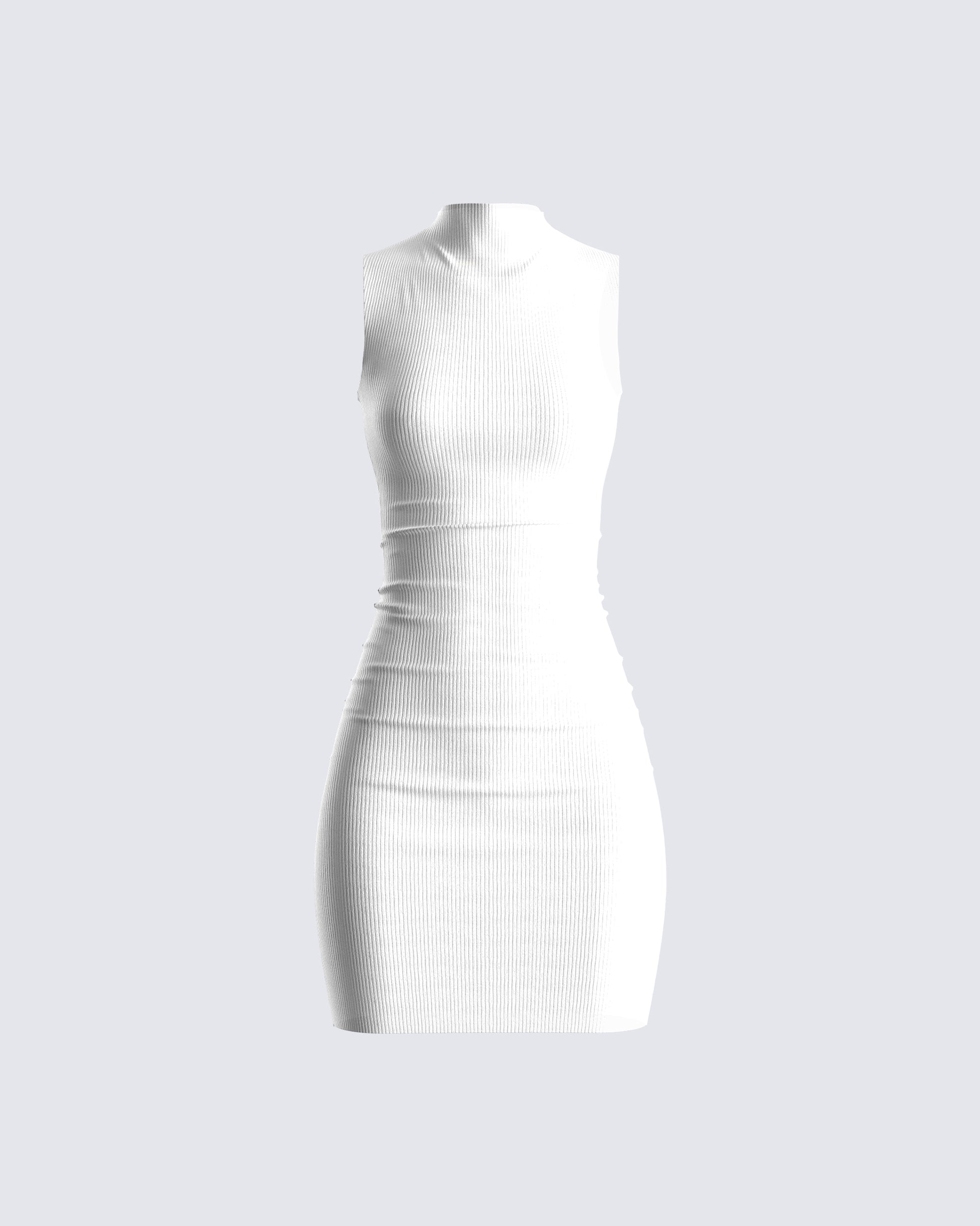 White Ribbed Mini Dress - Sleeveless Bodycon Mock Neck FINESSE White Ribbed Mini Dress - Sleeveless Bodycon Mock Neck FINESSE