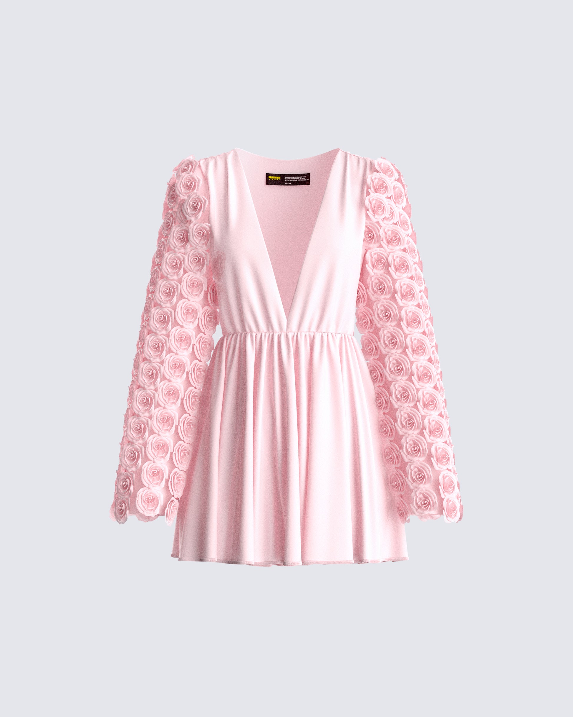 Pink Mini Dress Rose Applique Sleeves - Deep V Party FINESSE Pink Mini Dress Rose Applique Sleeves - Deep V Party FINESSE