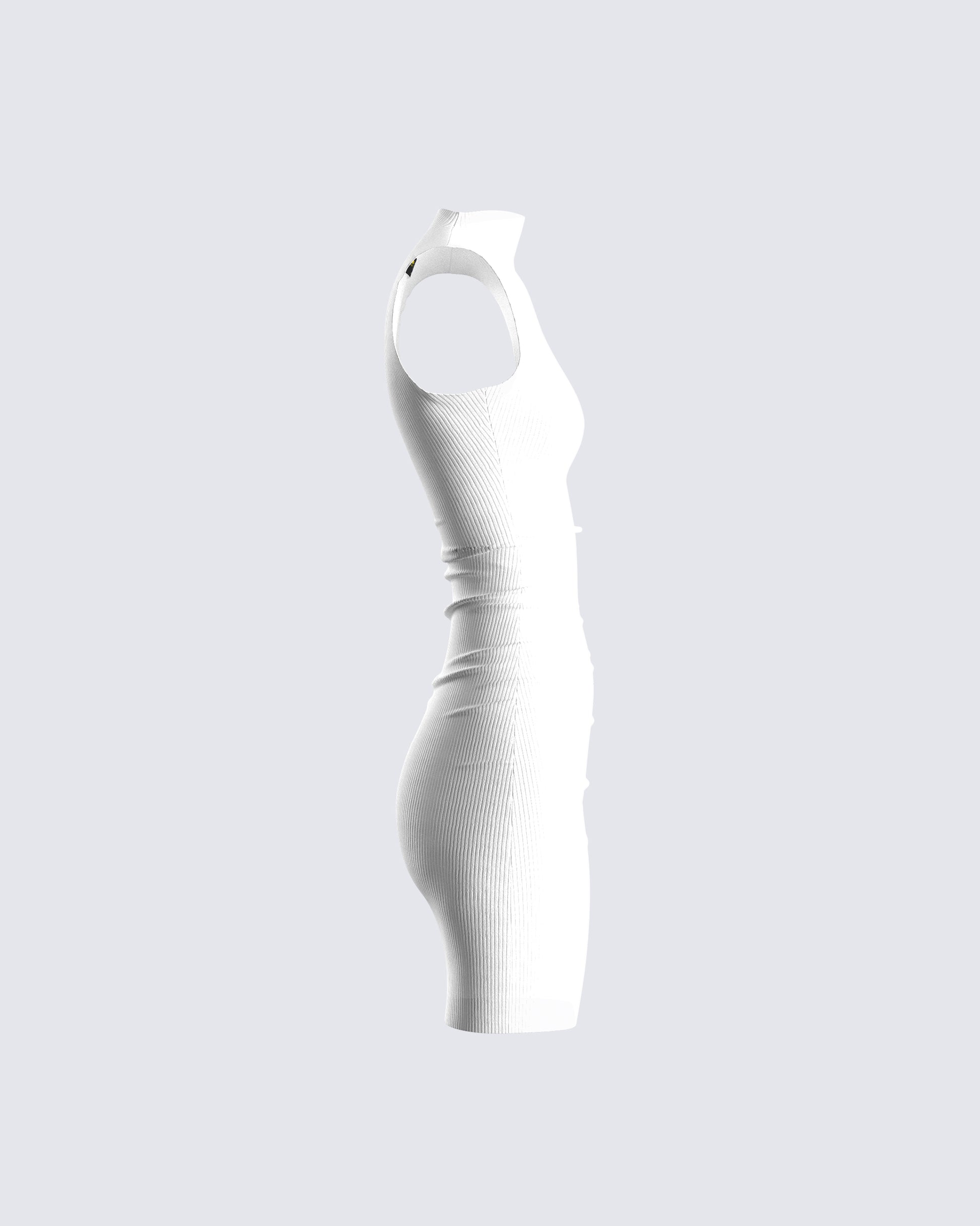 White Ribbed Mini Dress - Sleeveless Bodycon Mock Neck FINESSE White Ribbed Mini Dress - Sleeveless Bodycon Mock Neck FINESSE