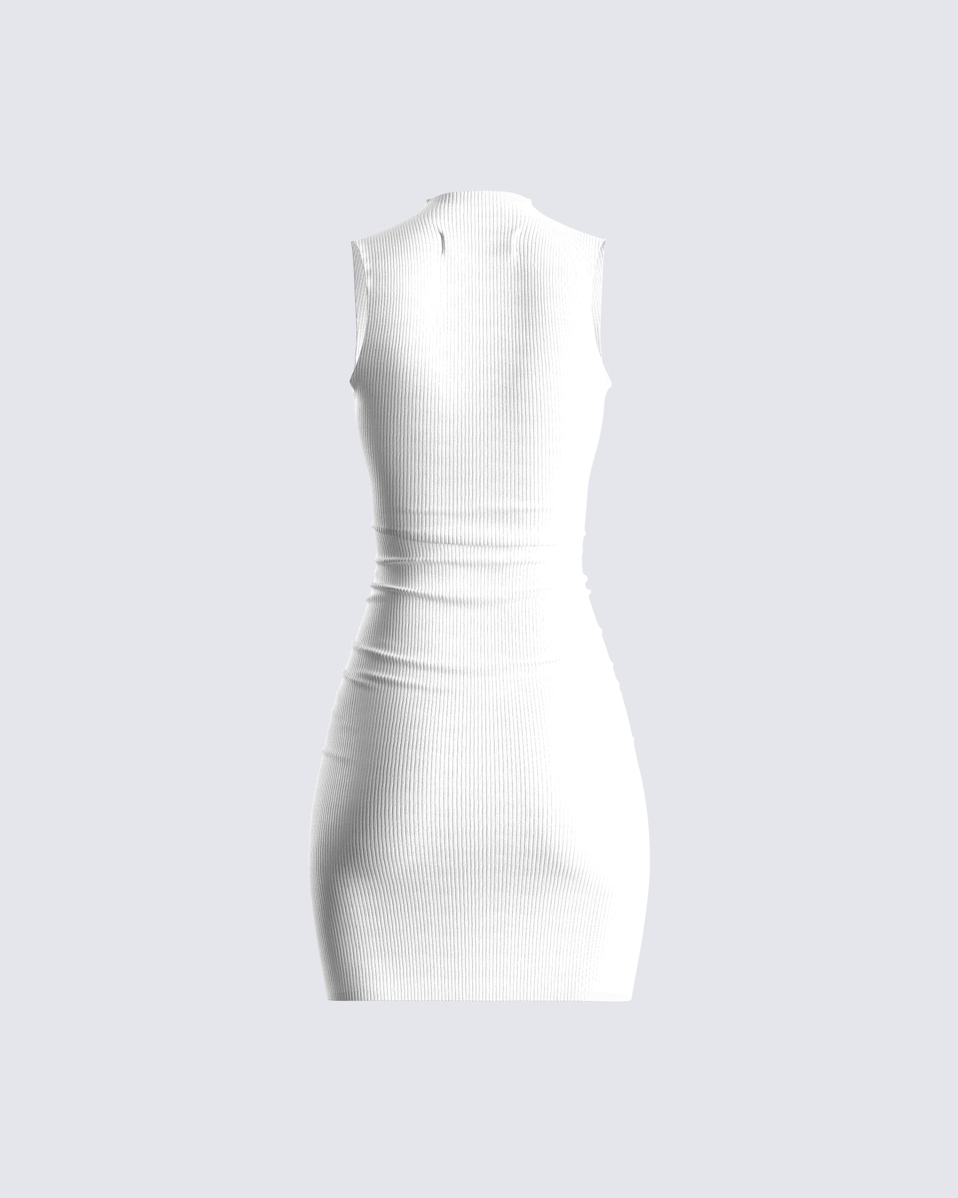 White Ribbed Mini Dress - Sleeveless Bodycon Mock Neck FINESSE White Ribbed Mini Dress - Sleeveless Bodycon Mock Neck FINESSE