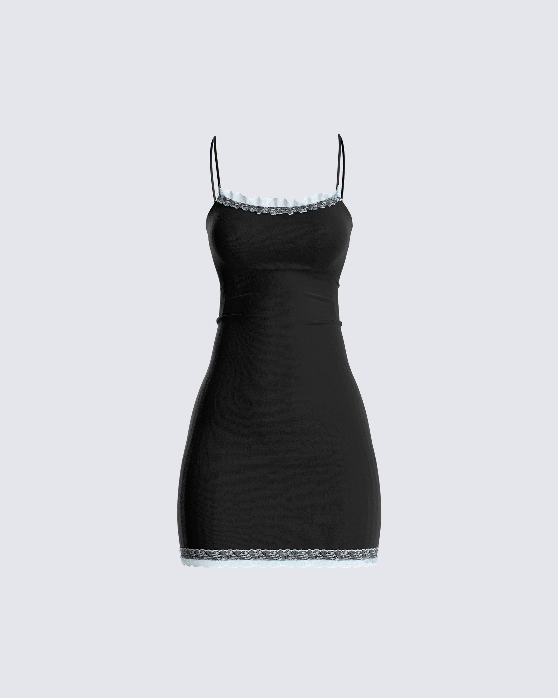 Black Mini Dress - Lace Trim Bodycon Cami FINESSE Black Mini Dress - Lace Trim Bodycon Cami FINESSE