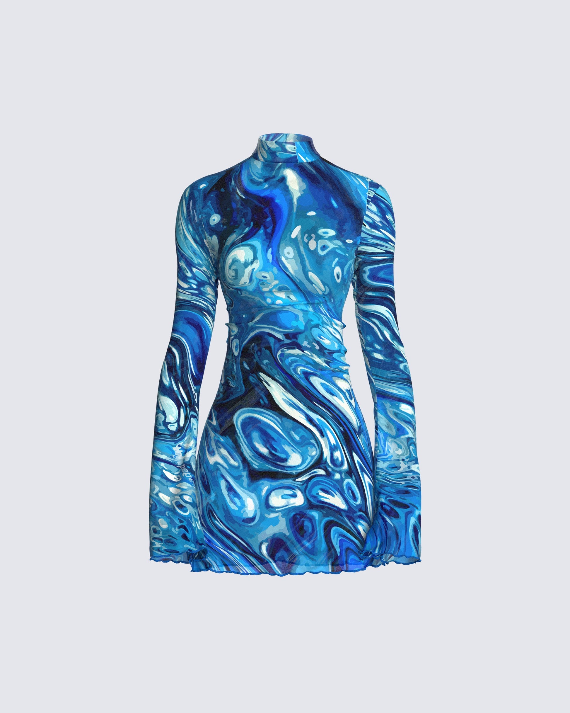 Blue Swirl Print Mini Dress - Long Sleeve Mock Neck FINESSE Blue Swirl Print Mini Dress - Long Sleeve Mock Neck FINESSE