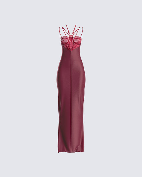 Red Satin Corset Gown - Strappy Bustier Maxi Dress FINESSE Red Satin Corset Gown - Strappy Bustier Maxi Dress FINESSE