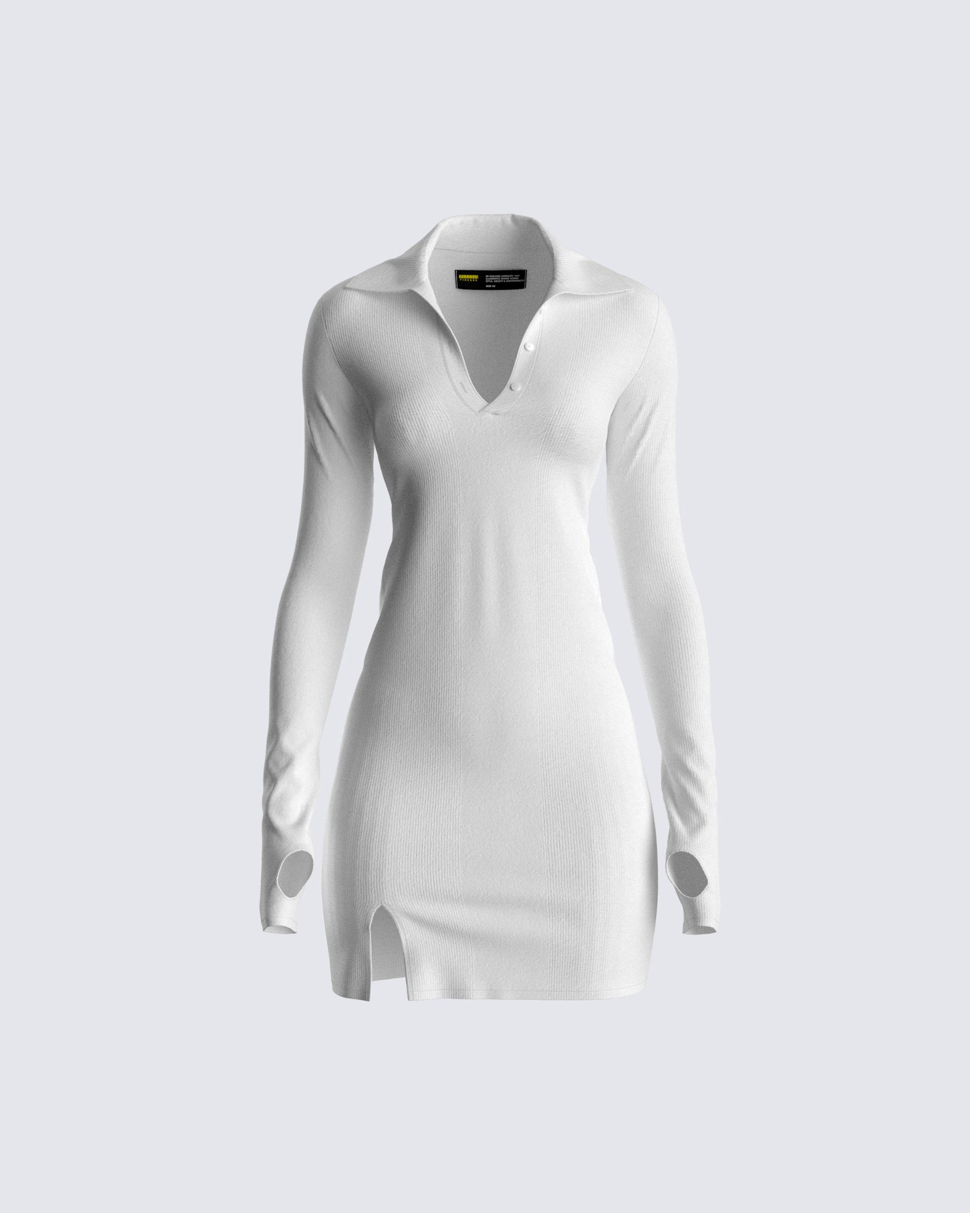 White Ribbed Knit Mini Dress - Collared Long Sleeve FINESSE White Ribbed Knit Mini Dress - Collared Long Sleeve FINESSE