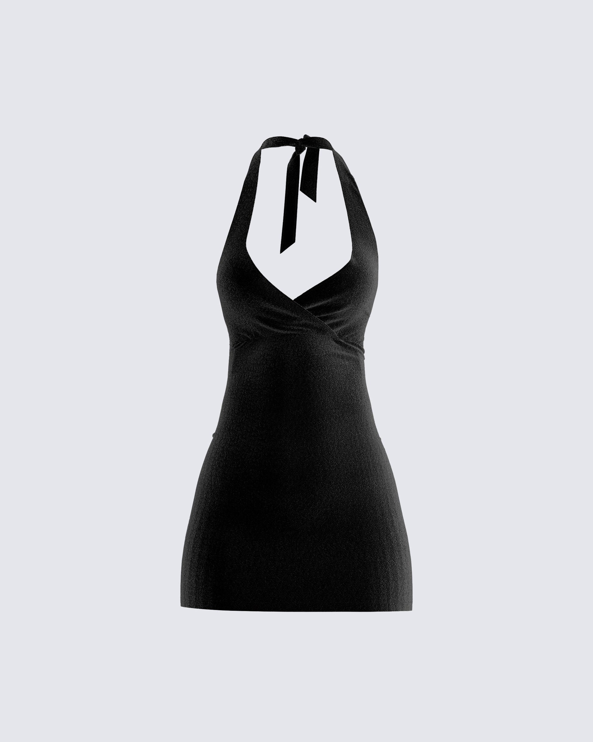 Black Velvet Mini Dress - Halter Bodycon Party FINESSE Black Velvet Mini Dress - Halter Bodycon Party FINESSE