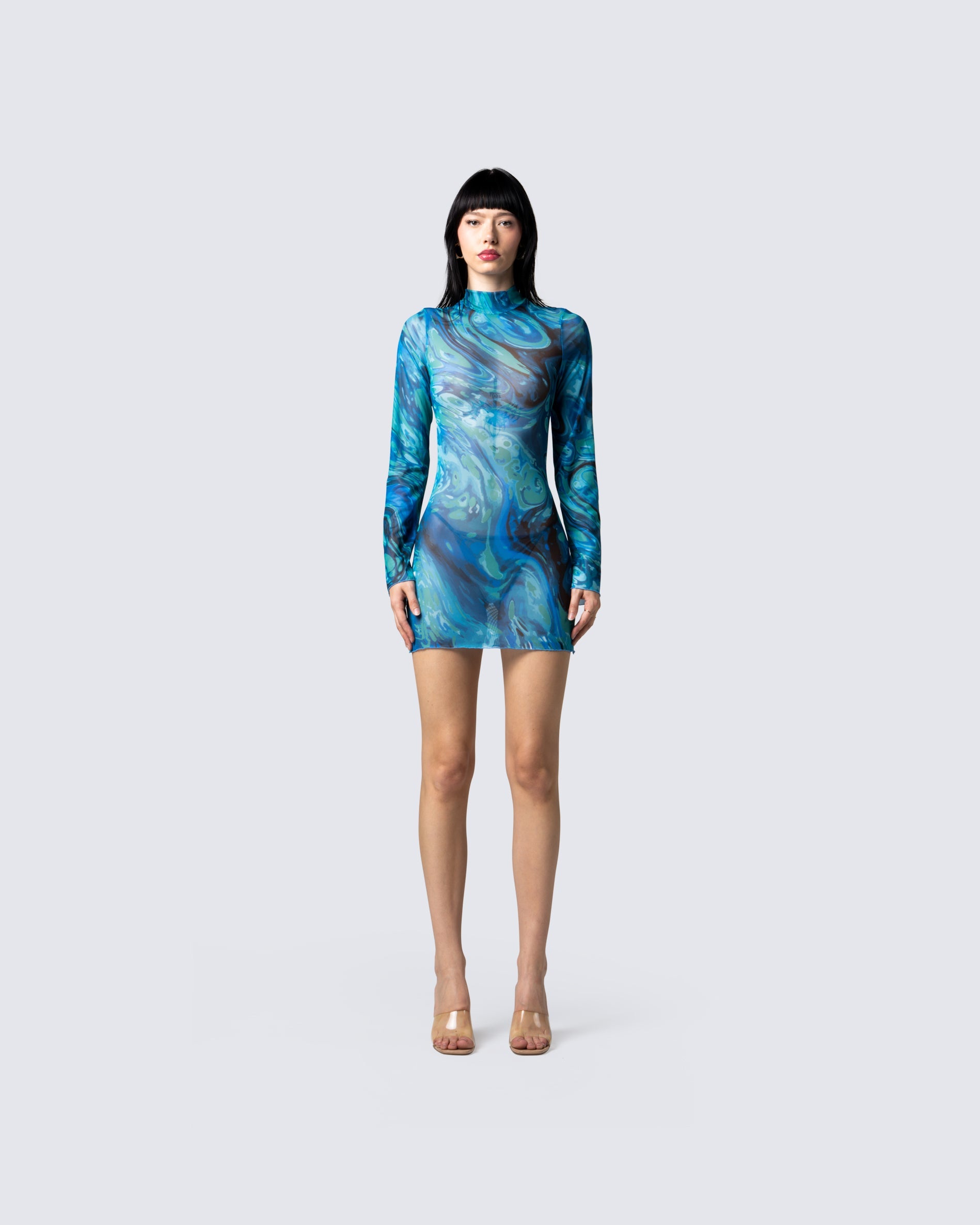 Blue Swirl Print Mini Dress - Long Sleeve Bodycon FINESSE Blue Swirl Print Mini Dress - Long Sleeve Bodycon FINESSE