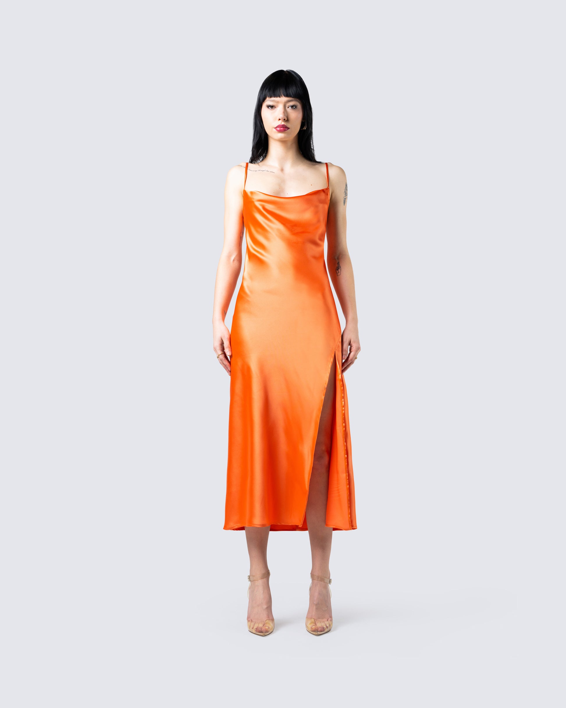Orange Satin Midi Dress