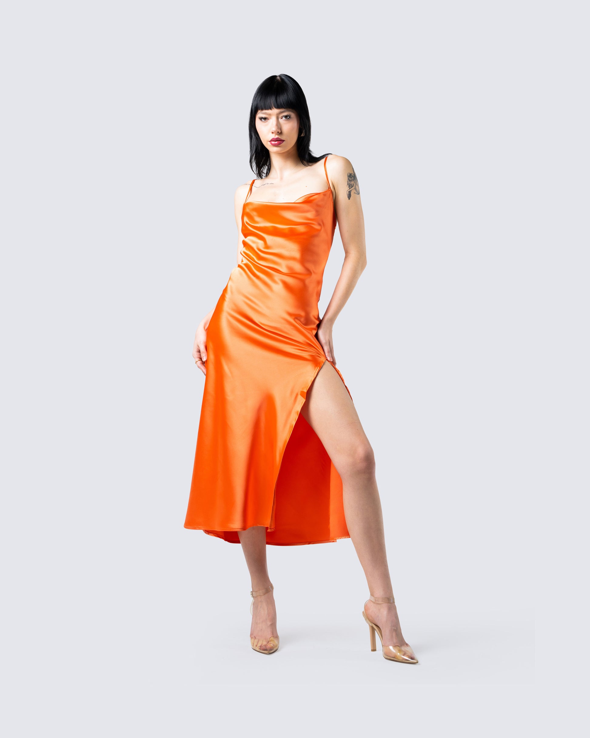 Orange Satin Midi Dress - Cowl Neck Slip Dress FINESSE Orange Satin Midi Dress - Cowl Neck Slip Dress FINESSE