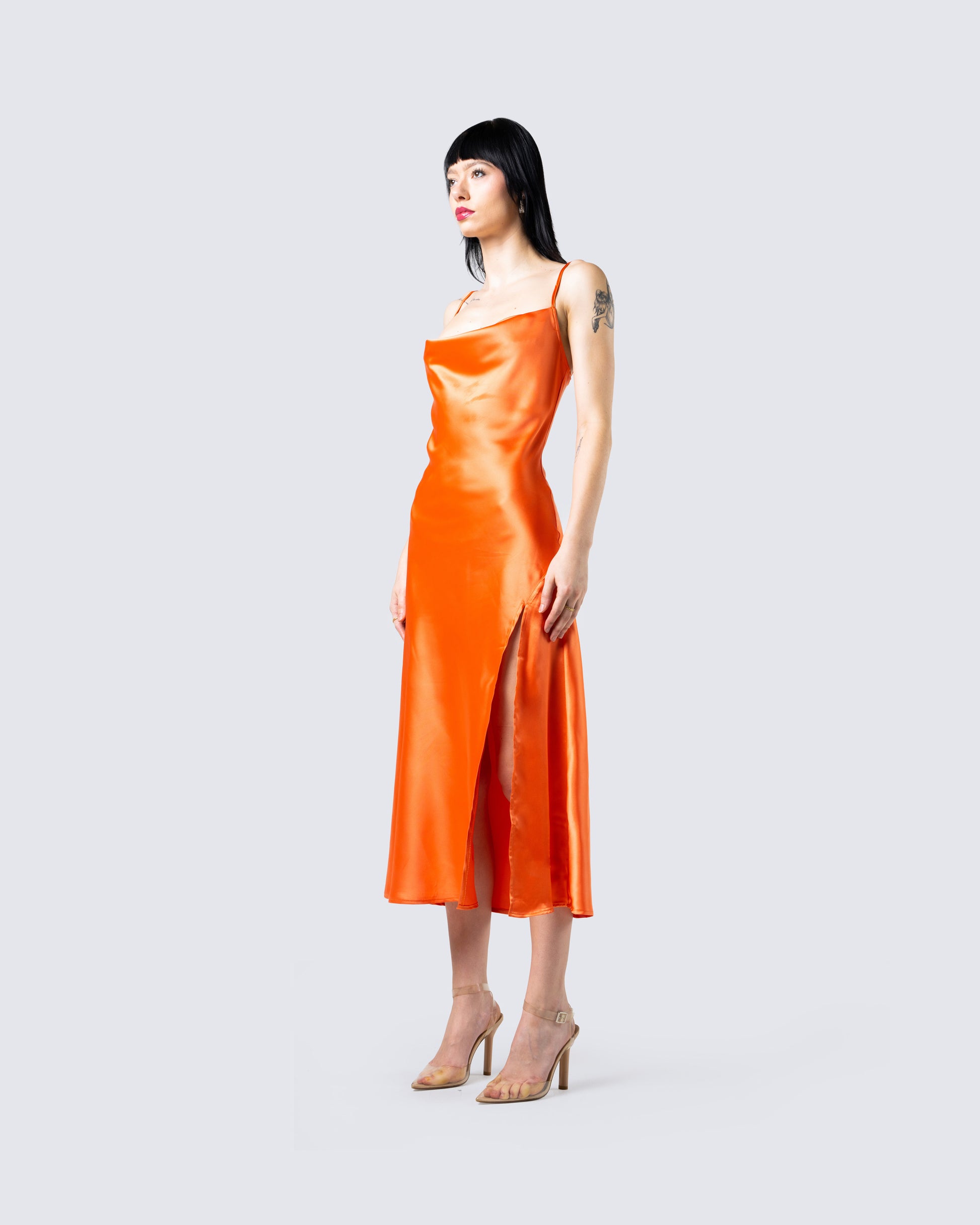 satin orange midi dress ASOS DESIGN one-shoulder satin midi dress with neck tie in burnt orange
