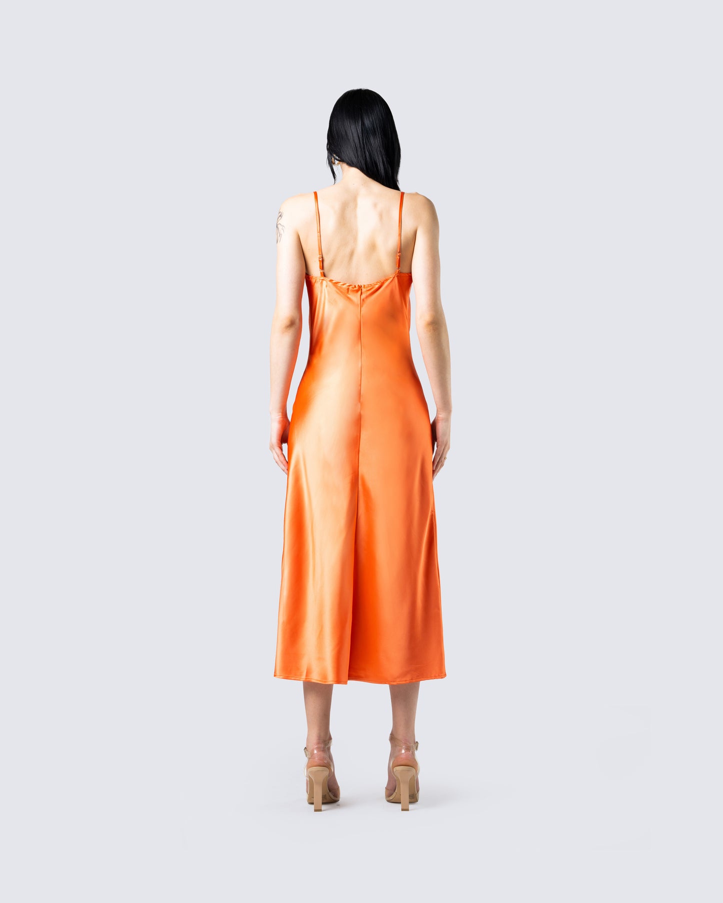 Alina Orange Satin Midi Dress