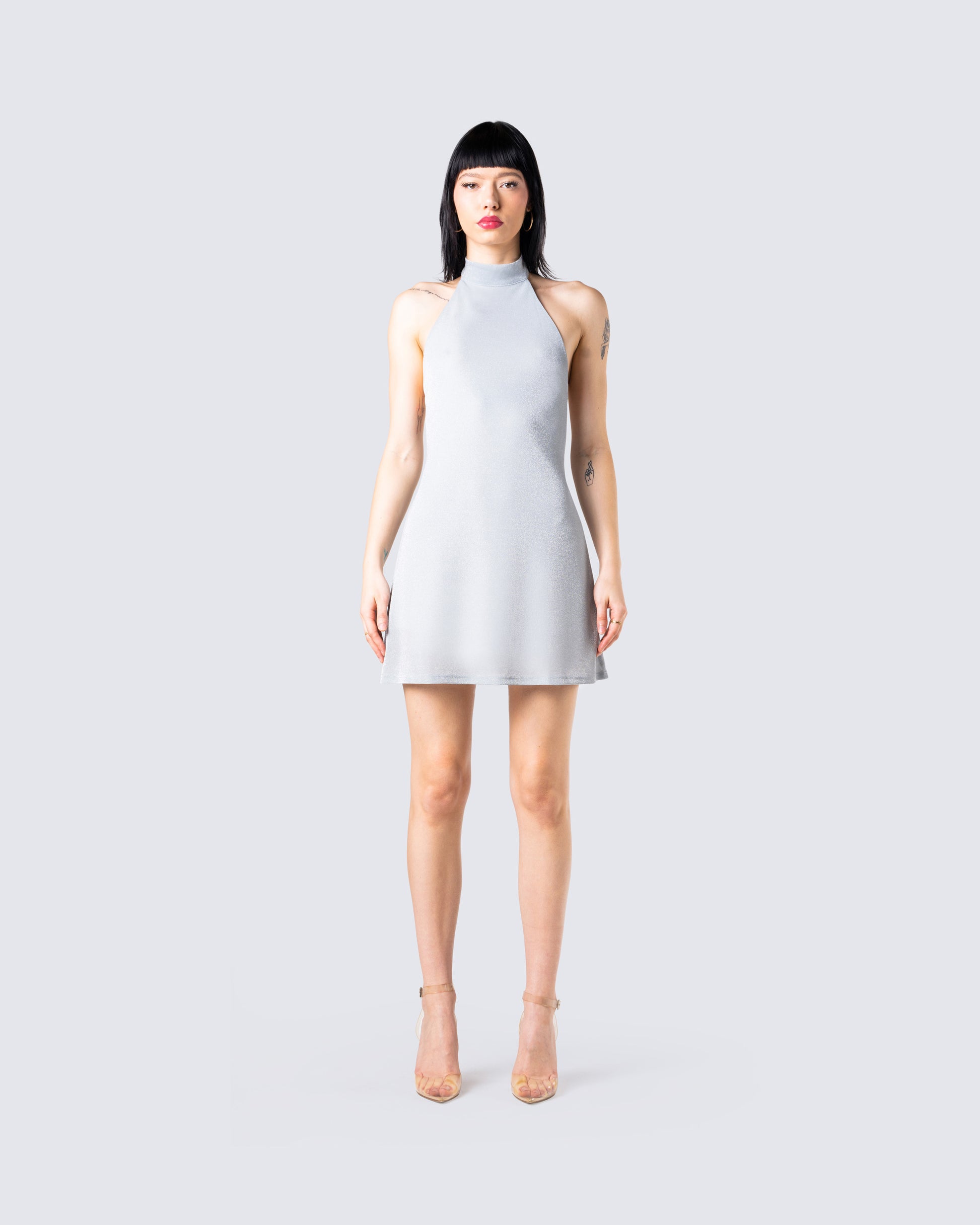 Silver Metallic Halter Mini Dress - Backless Party Dress FINESSE Silver Metallic Halter Mini Dress - Backless Party Dress FINESSE