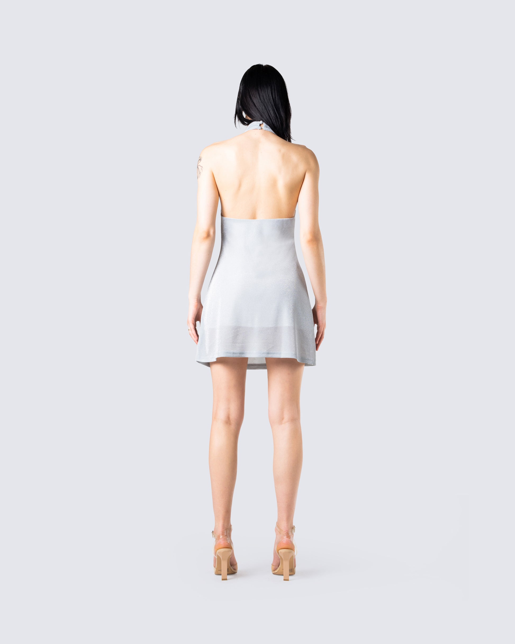 Silver Metallic Halter Mini Dress - Backless Party Dress FINESSE Silver Metallic Halter Mini Dress - Backless Party Dress FINESSE