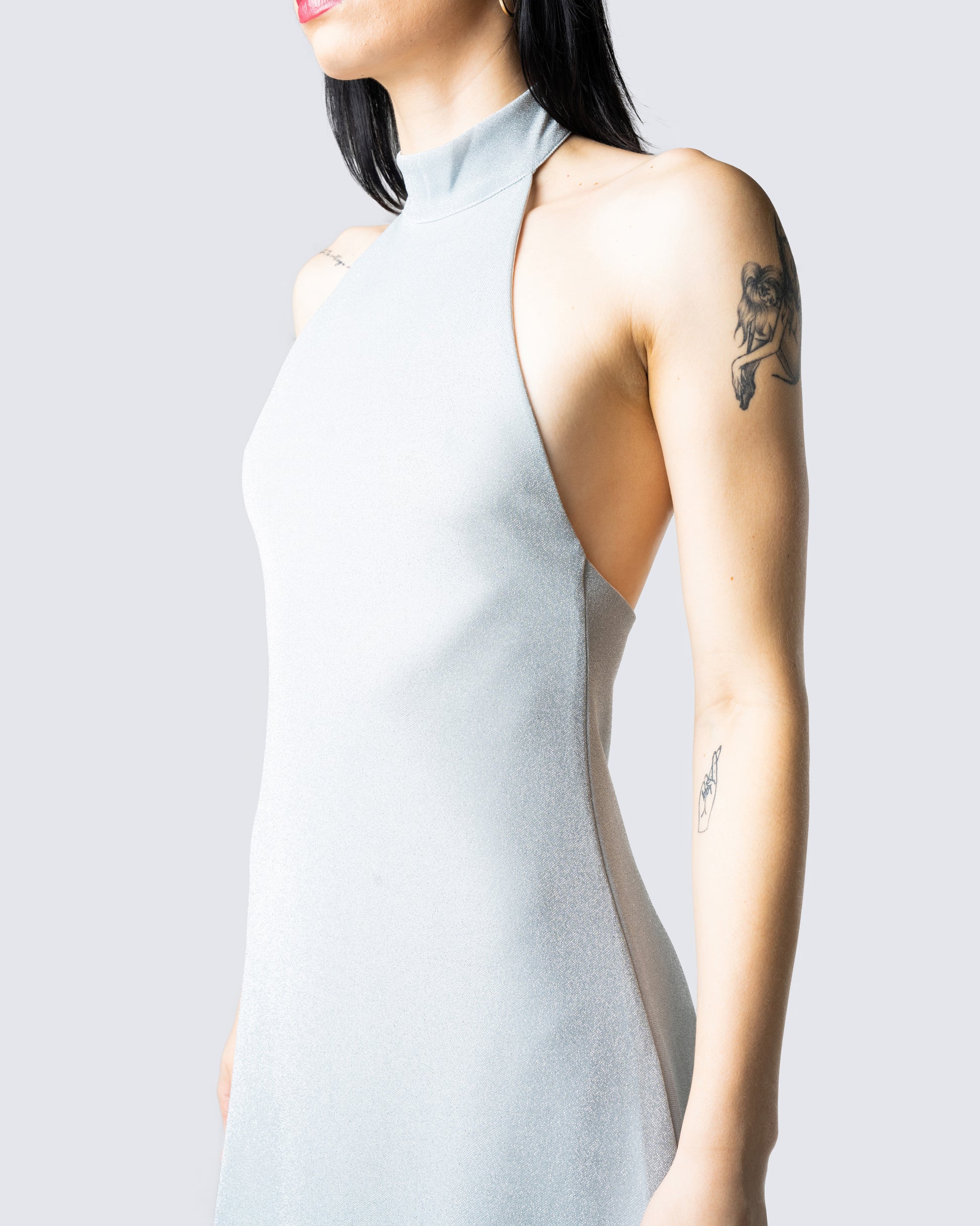 Silver Metallic Halter Mini Dress - Backless Party Dress FINESSE Silver Metallic Halter Mini Dress - Backless Party Dress FINESSE
