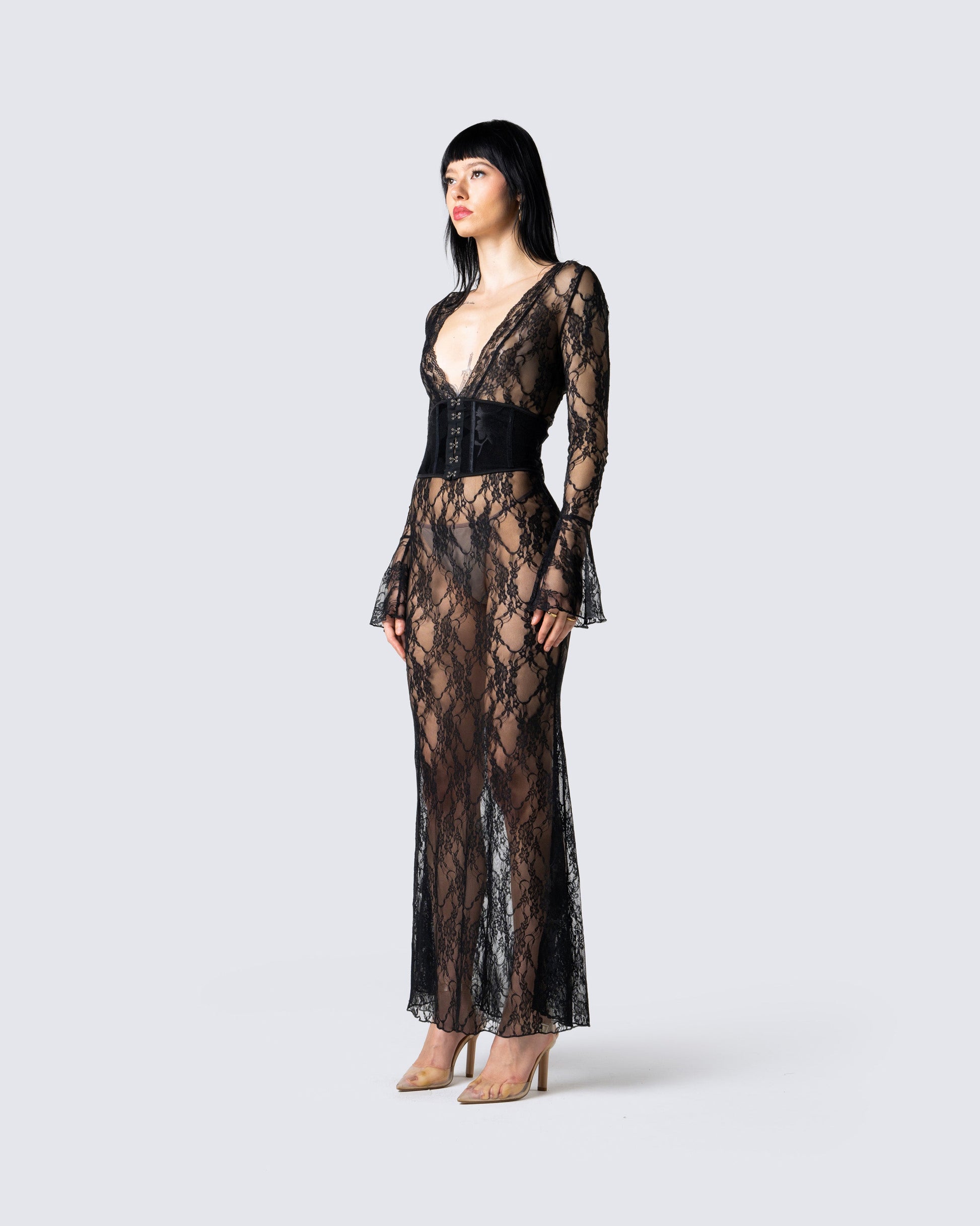 Black Lace Maxi Dress - Long Sleeve Bell Cuff Gothic FINESSE Black Lace Maxi Dress - Long Sleeve Bell Cuff Gothic FINESSE