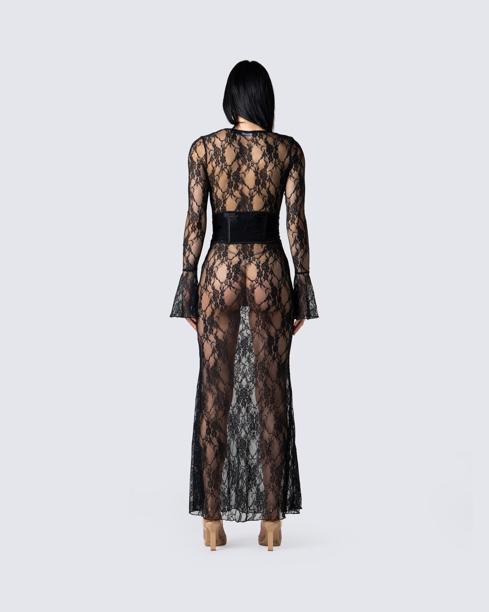 Black Lace Maxi Dress - Long Sleeve Bell Cuff Gothic FINESSE Black Lace Maxi Dress - Long Sleeve Bell Cuff Gothic FINESSE