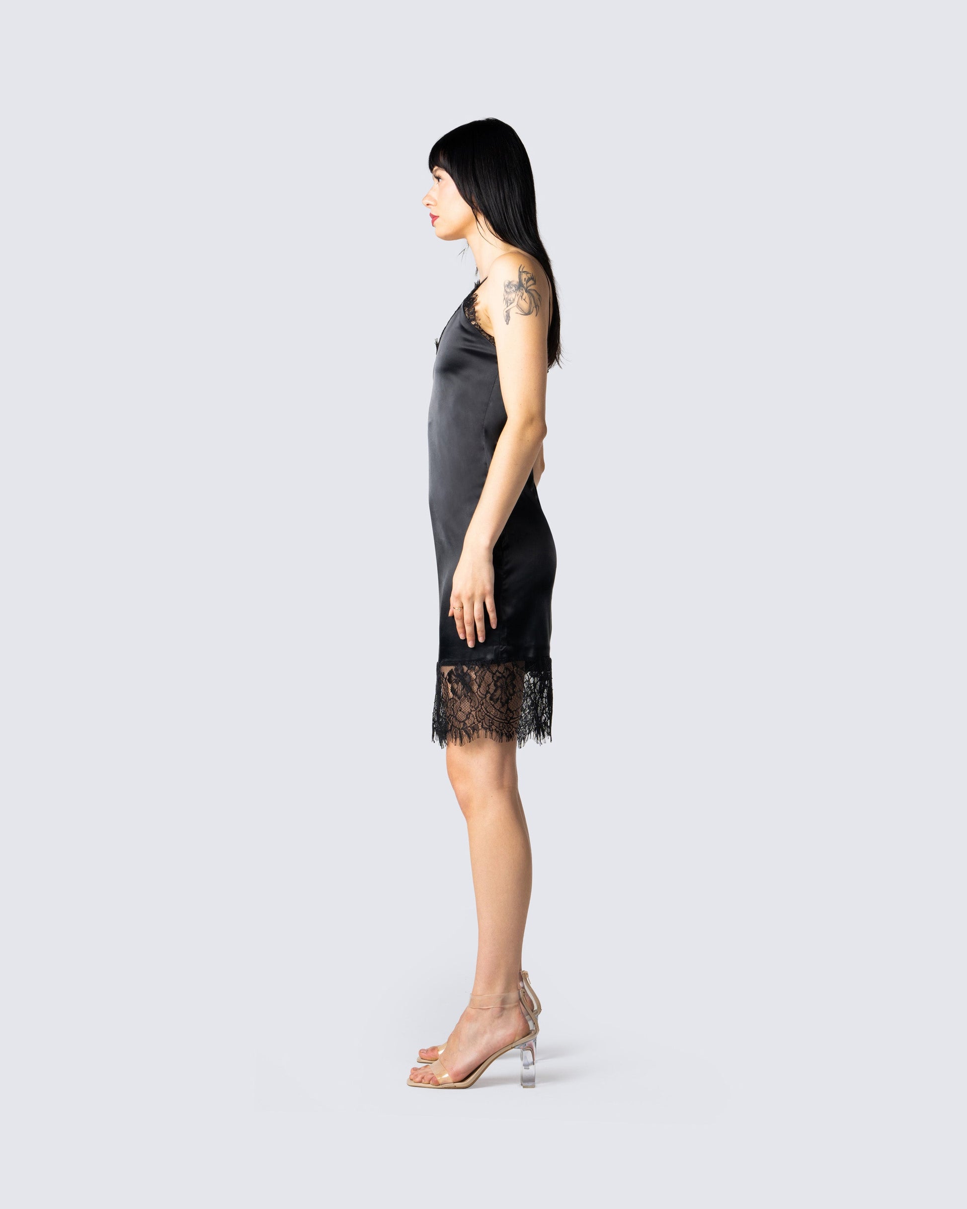 black lace satin slip dress Black Satin Lace Trim Maxi Slip Dress