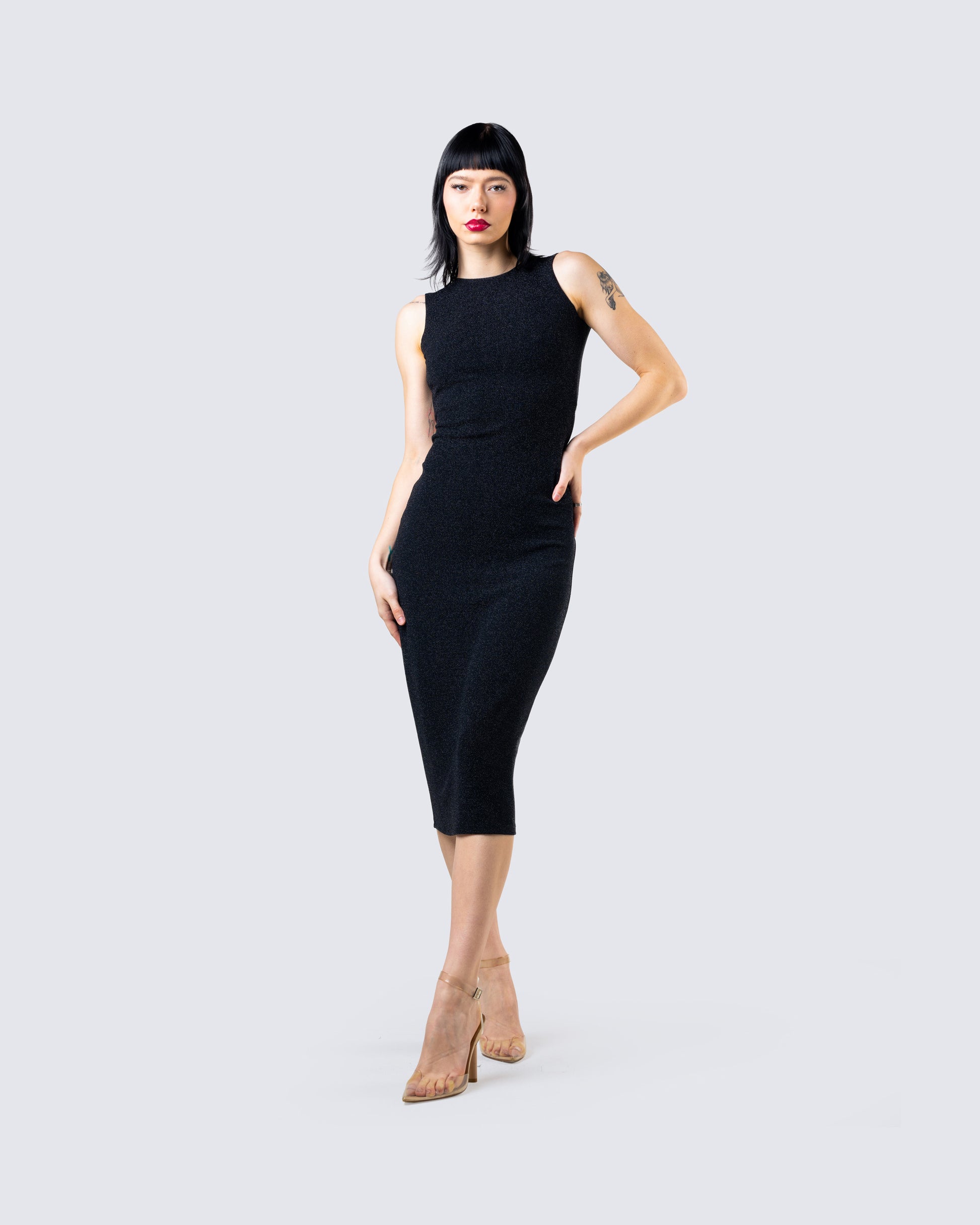 Black Shimmer Midi Dress - Sleeveless Bodycon Party FINESSE Black Shimmer Midi Dress - Sleeveless Bodycon Party FINESSE